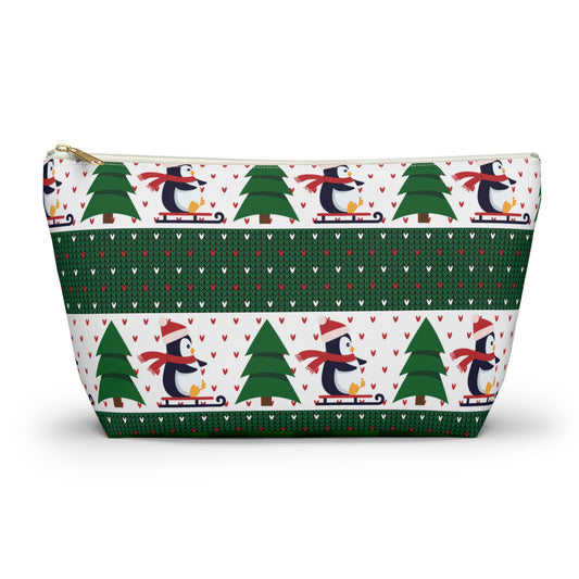 Sledding Penguins Green Plaid Accessory Pouch w T-bottom