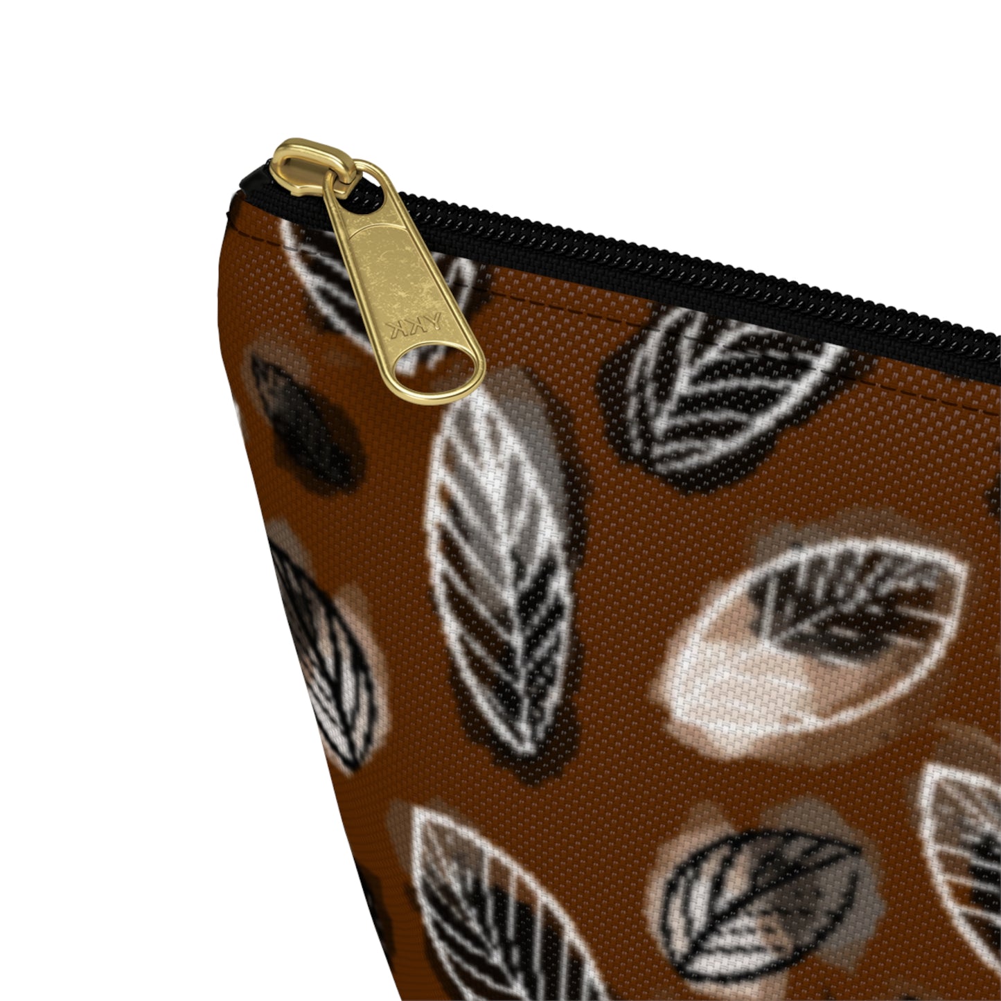 Gertie Black & Cream Abstract Leaves on Brown Makeup Zipper Accessory Pouch w T-bottom