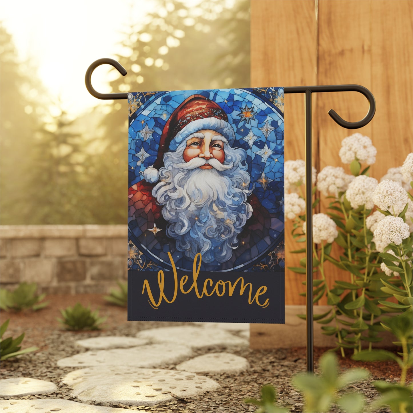 Santa Welcome Stained Glass Look 2-Sided Garden & House Banner