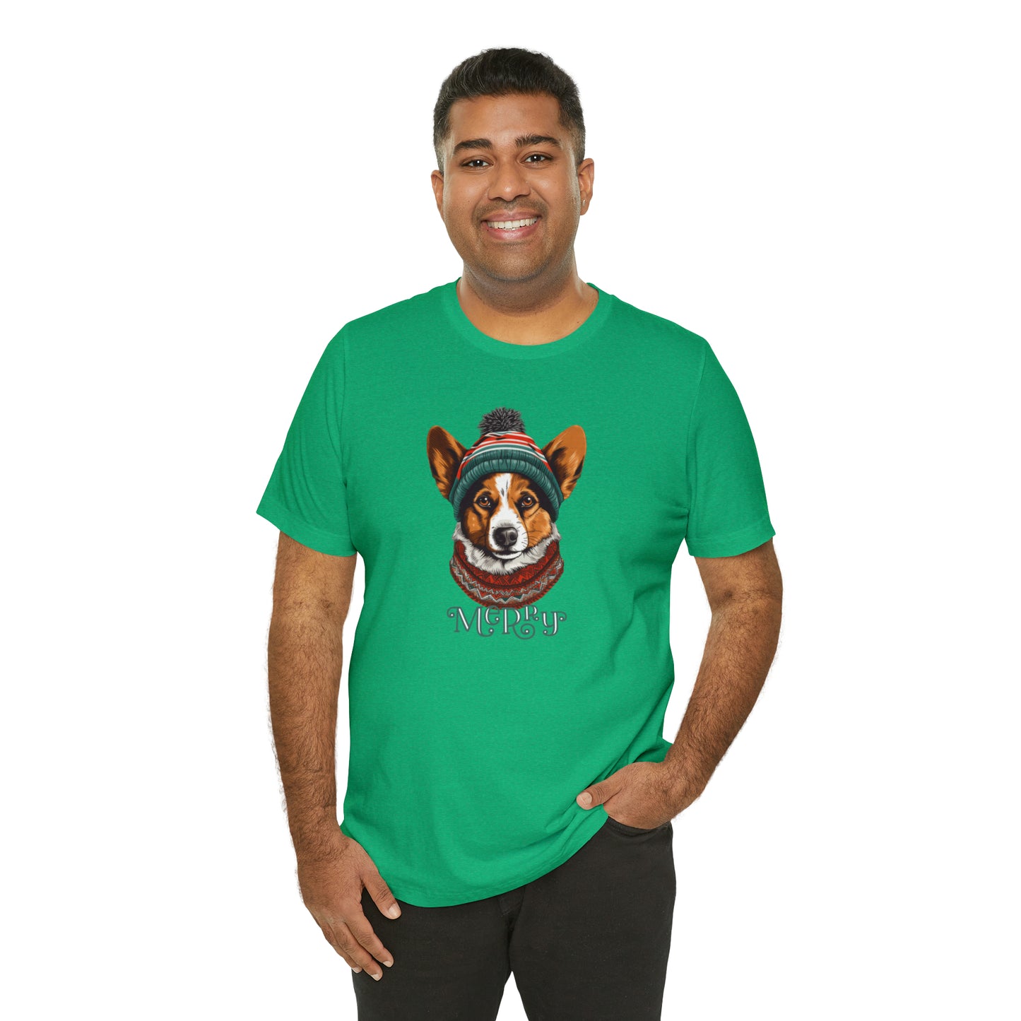 Merry Corgi in Hat & Scarf Unisex Jersey Short Sleeve Tee