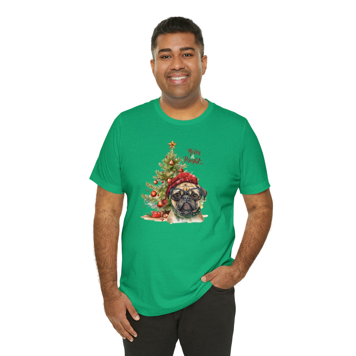 Merry & Bright Pug in Glasses Unisex Jersey Short Sleeve Tee