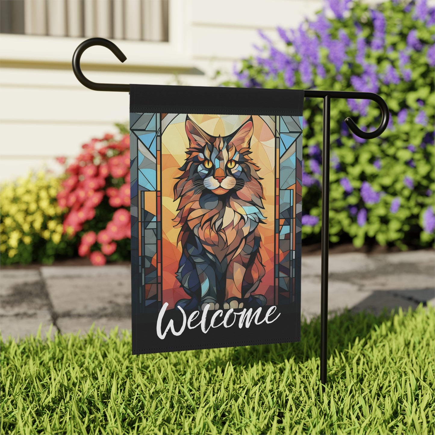 Maine Coon Cat Welcome Stained Glass Look 2-Sided Garden & House Flag/Banner