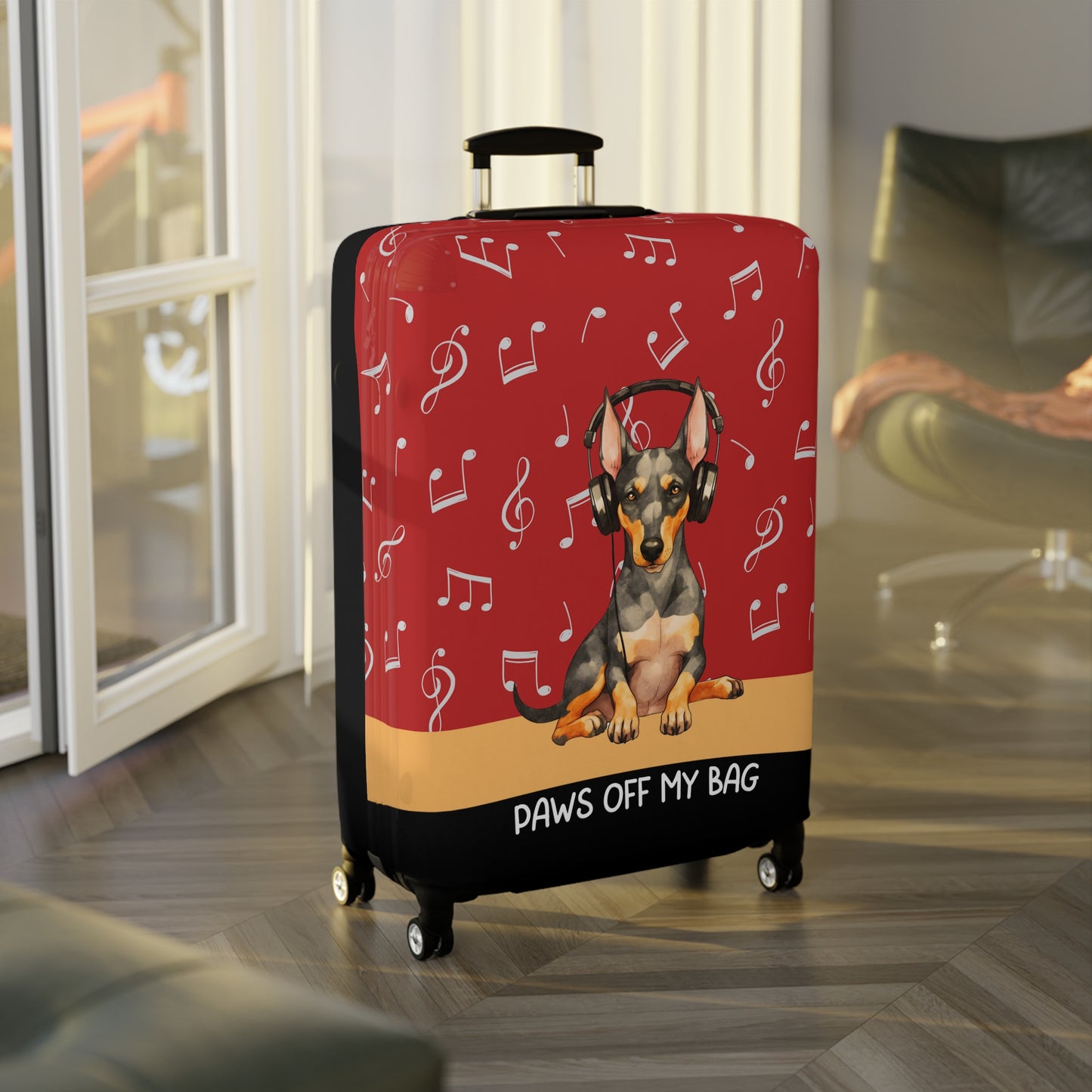 Doberman Pinscher in Headphones Paws Off My Bag Luggage Cover