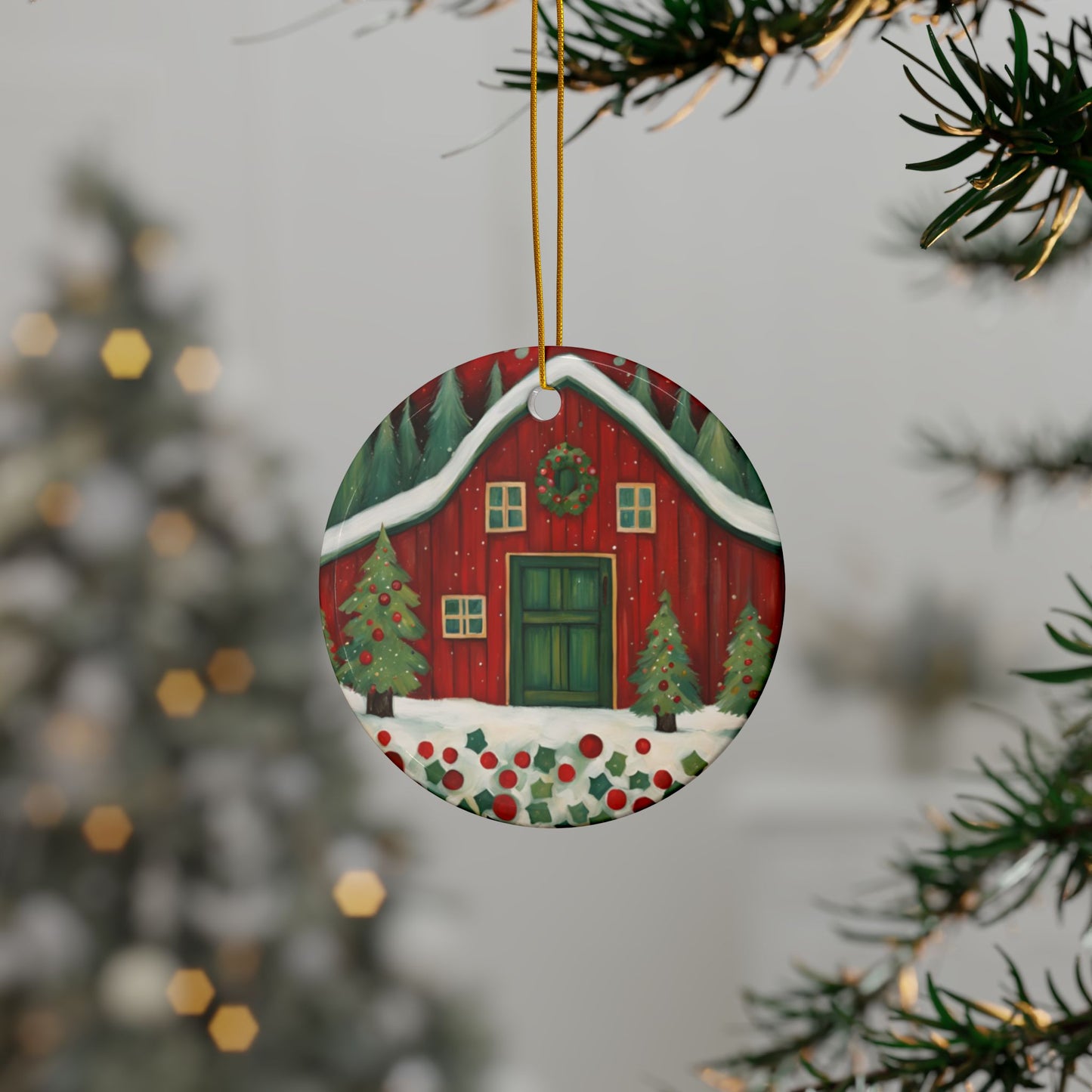 Red Barn Christmas 3" Ceramic Ornaments, 2-Side Print, (1pc, 10pcs)