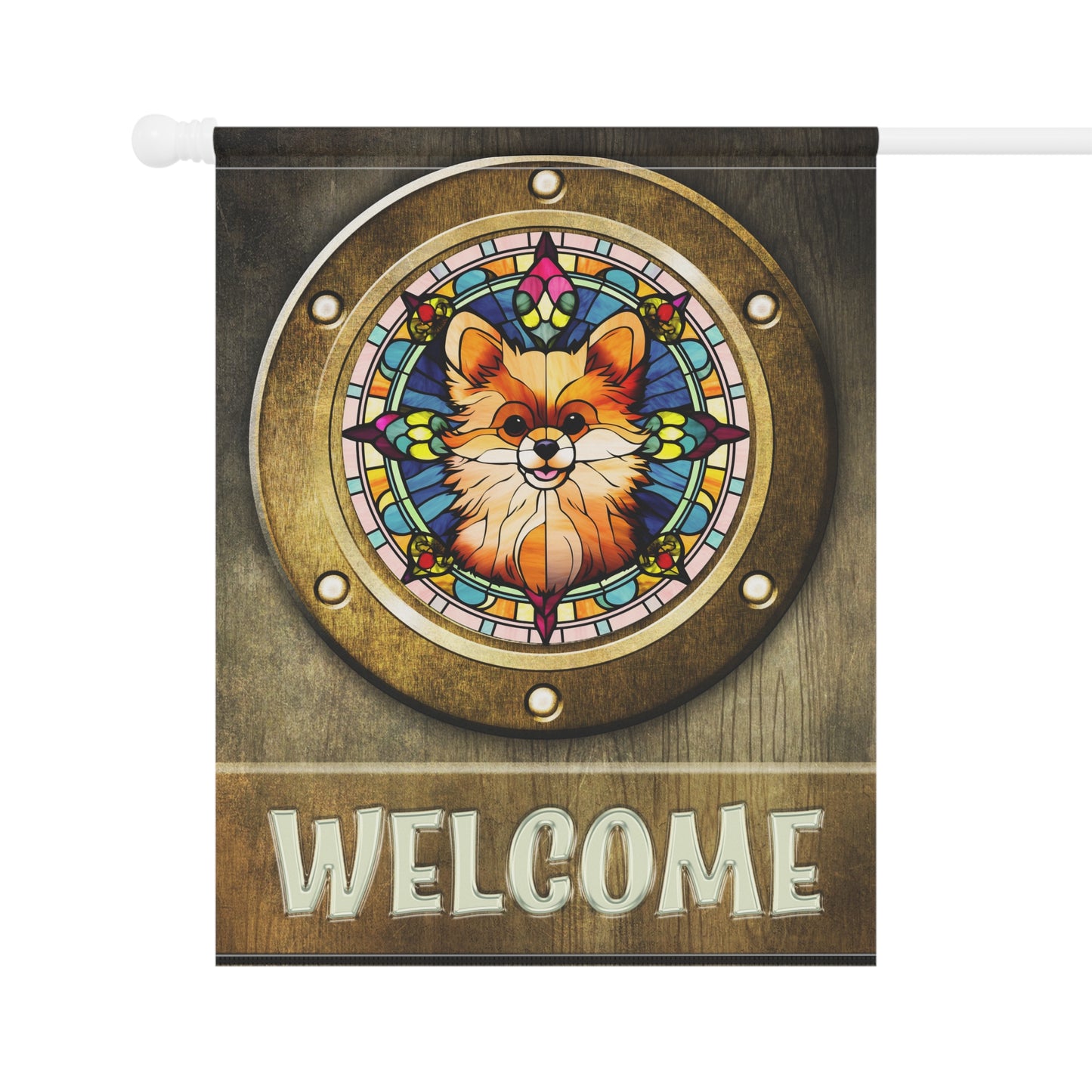 Pomeranian in Port Hole Welcome 2-Sided Garden & House Flag/Banner