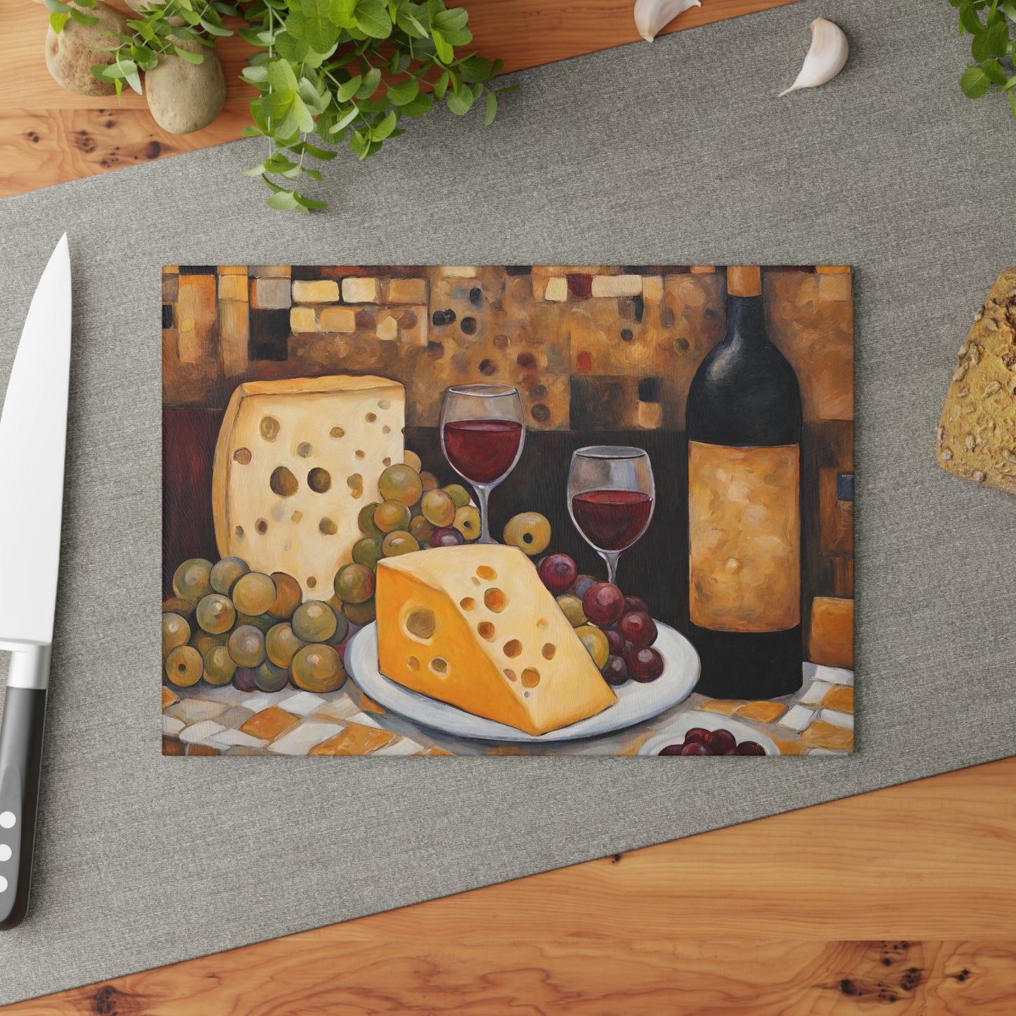 Unwind Wine, Cheese and Grapes Tempered Glass Cutting Board