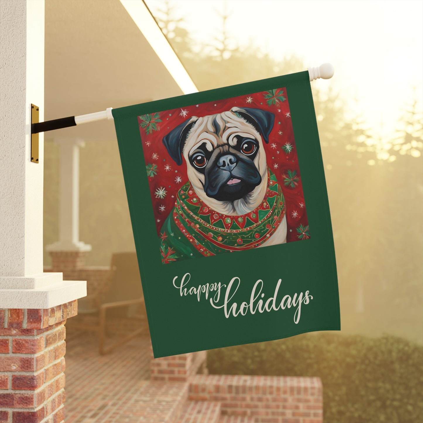 Pug Happy Holidays 2-Sided Garden & House Flag/Banner