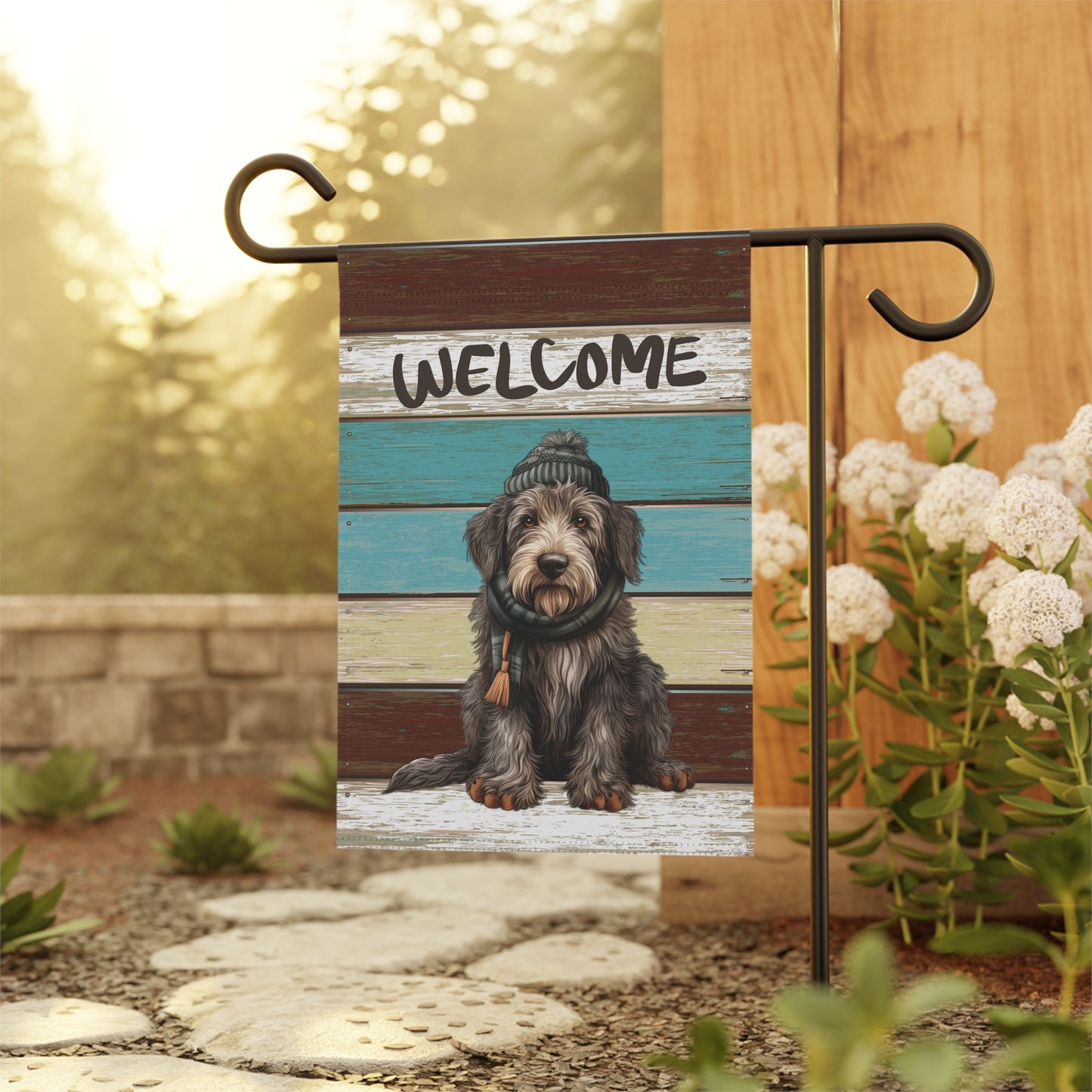 Cute Dog in Hat & Scarf Welcome 2-Sided Garden & House Flag/Banner