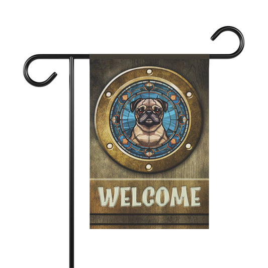 Pug in Port Hole Welcome 2-Sided Garden & House Flag/Banner