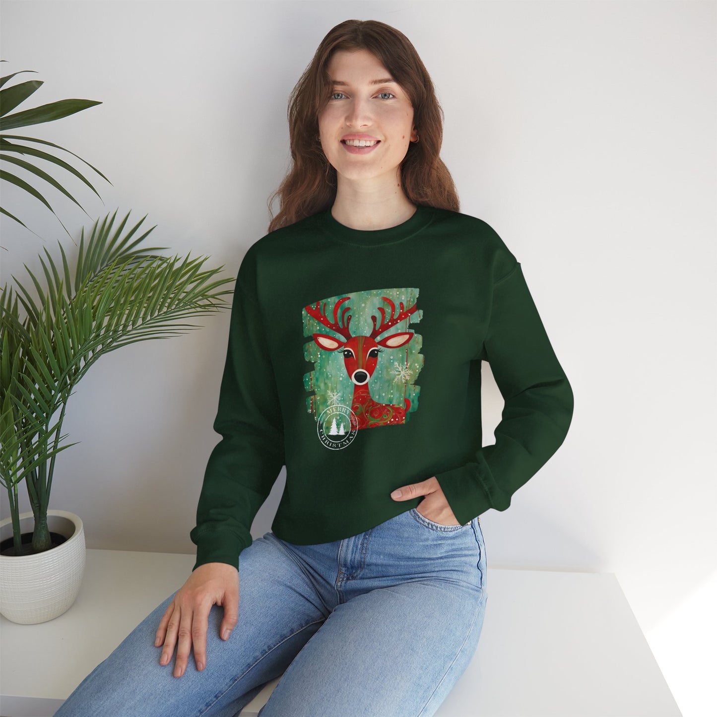 Red Reindeer Merry Christmas Unisex Heavy Blend™ Crewneck Sweatshirt