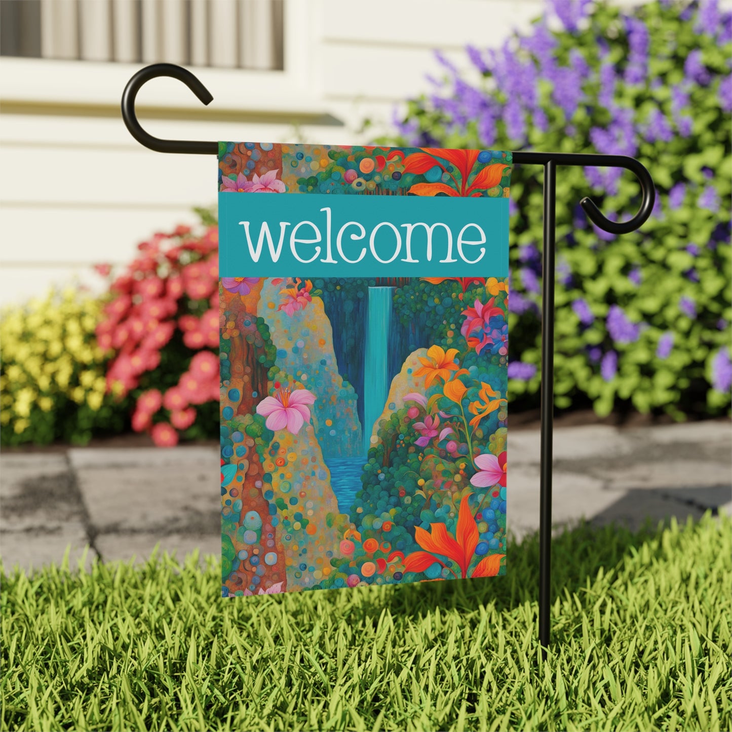 Tropical Waterfall Welcome 2-Sided Garden & House Flag/Banner