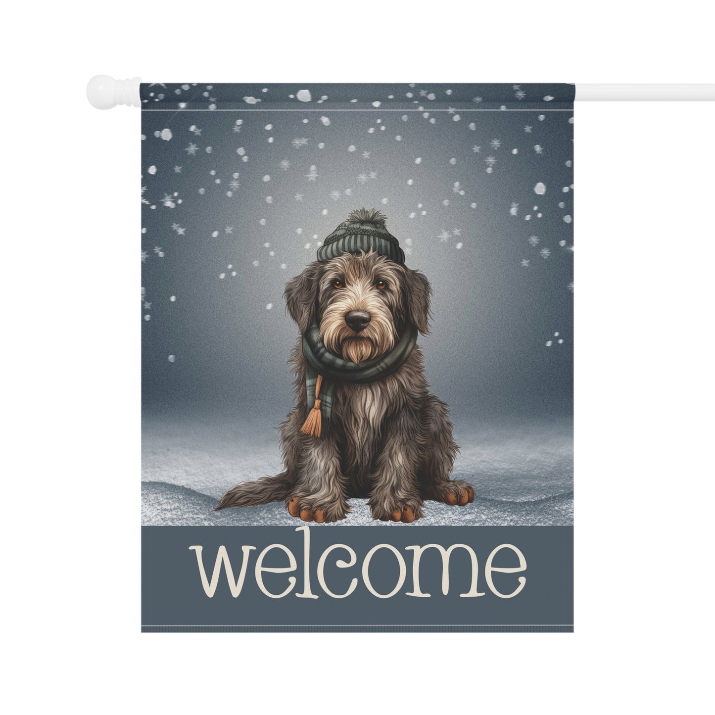 Snowy Welcome Irish Wolfhound in Scarf 2-Sided Garden & House Flag/Banner