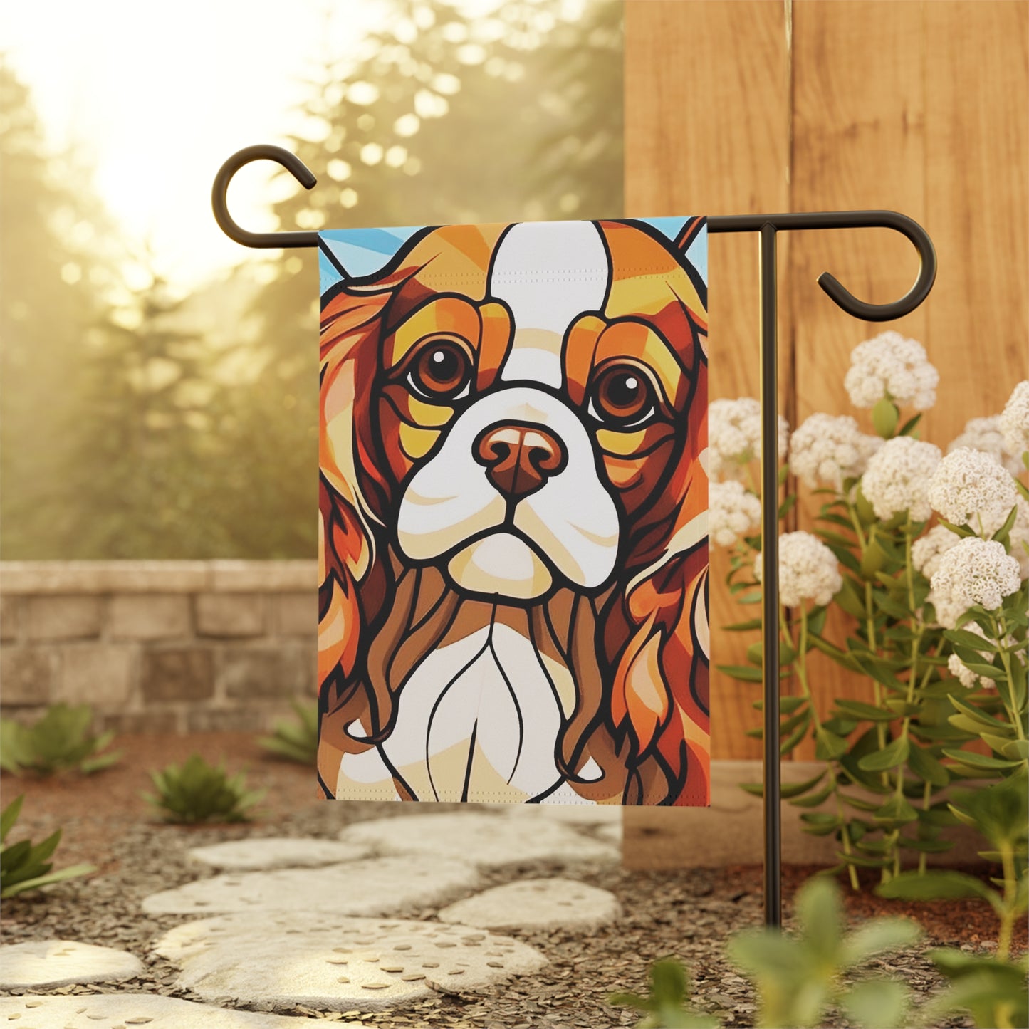 Cavalier King Charles Spaniel Face Stained Glass Look 2-Sided Garden & House Flag/Banner