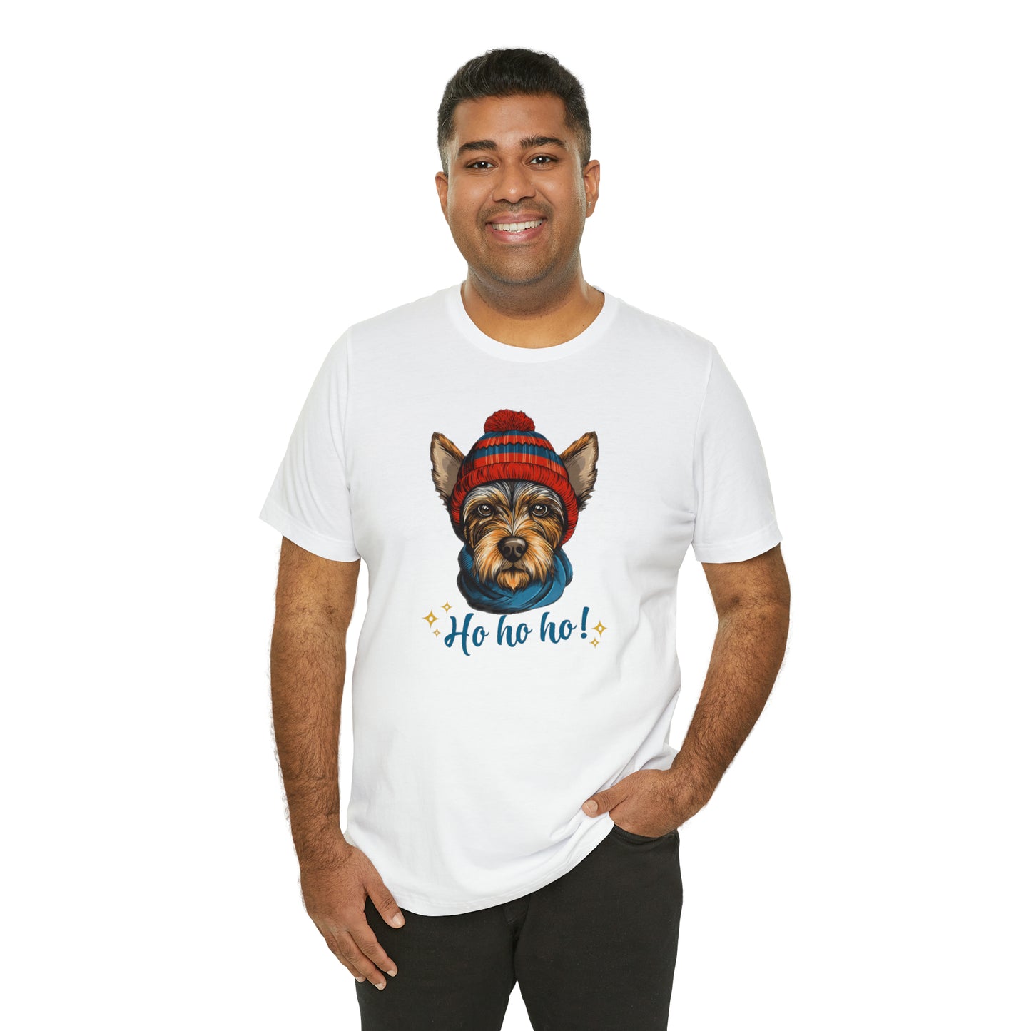 Scottish Terrier in Hat & Scarf Ho Ho Ho Unisex Jersey Short Sleeve Tee