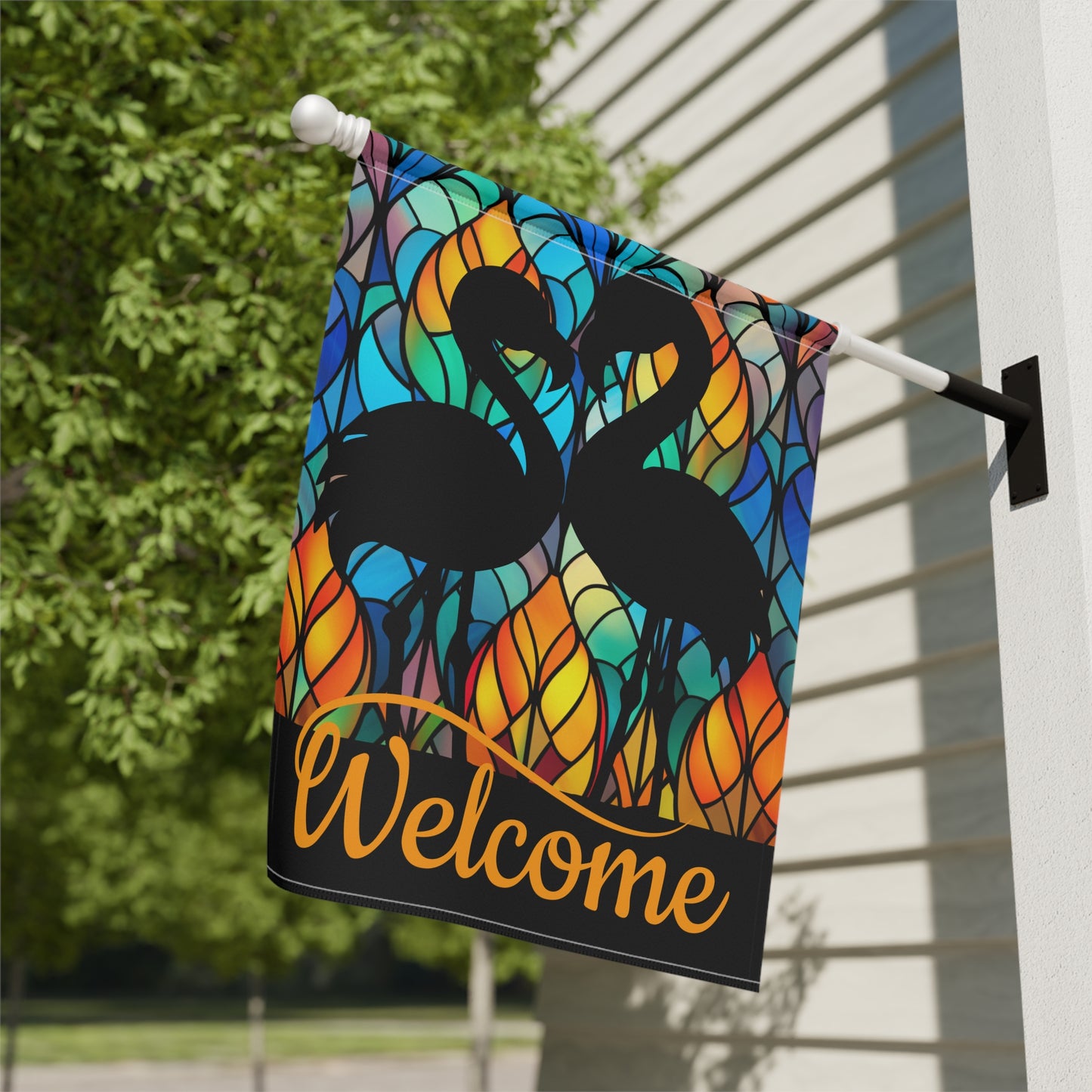 Flamingos on Stained Glass Welcome 2-Sided Garden & House Flag/Banner