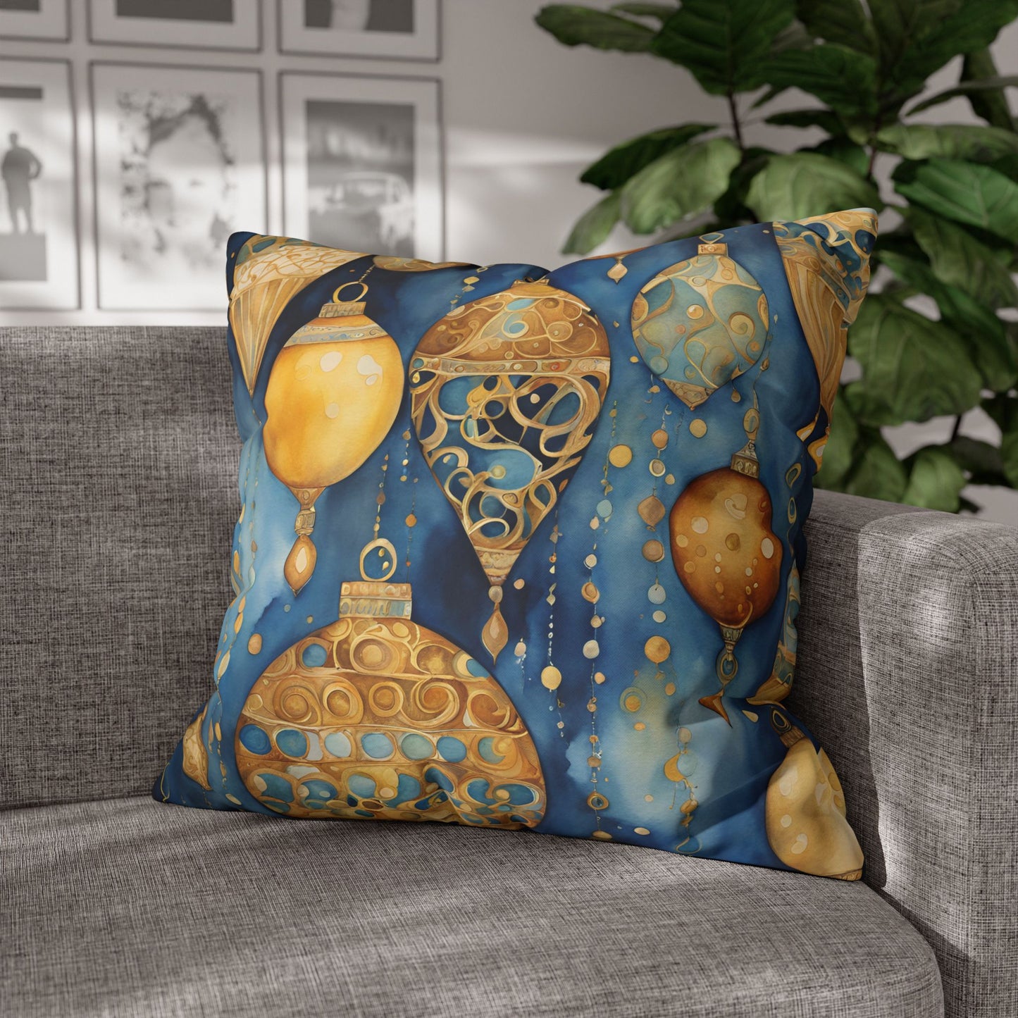 Gold Ornaments Abstract Watercolor Square Poly Canvas Pillowcase