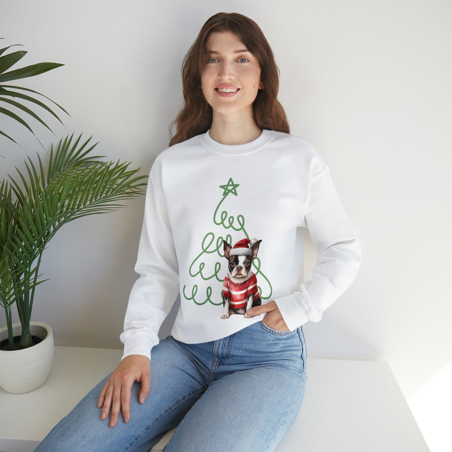 Boston Terrier in Santa Hat & Sweater Unisex Heavy Blend™ Crewneck Sweatshirt