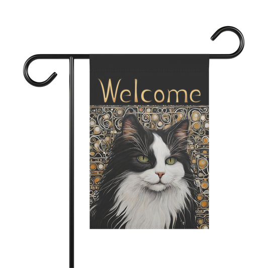 Black & White Cat Welcome 2-Sided Garden & House Flag/Banner