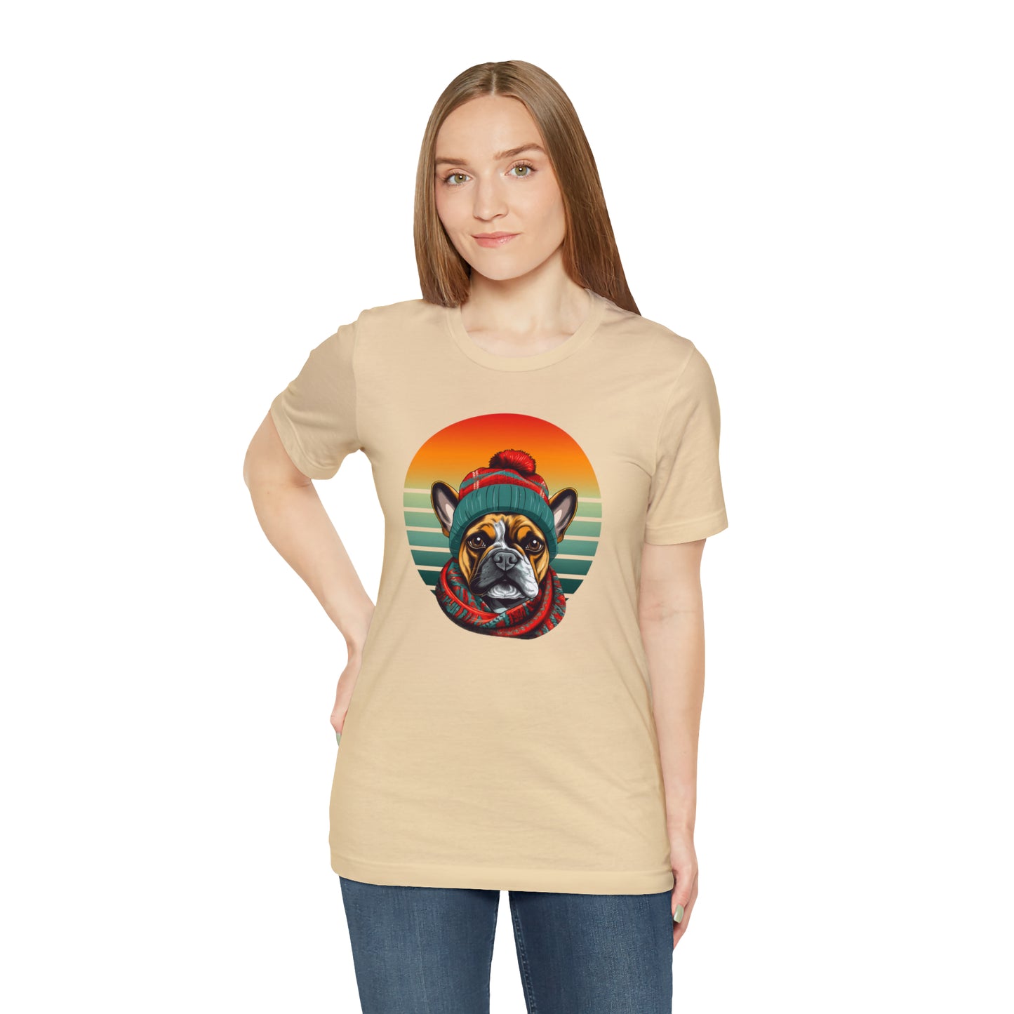 Retro French Bulldog in Hat & Scarf Unisex Jersey Short Sleeve Tee