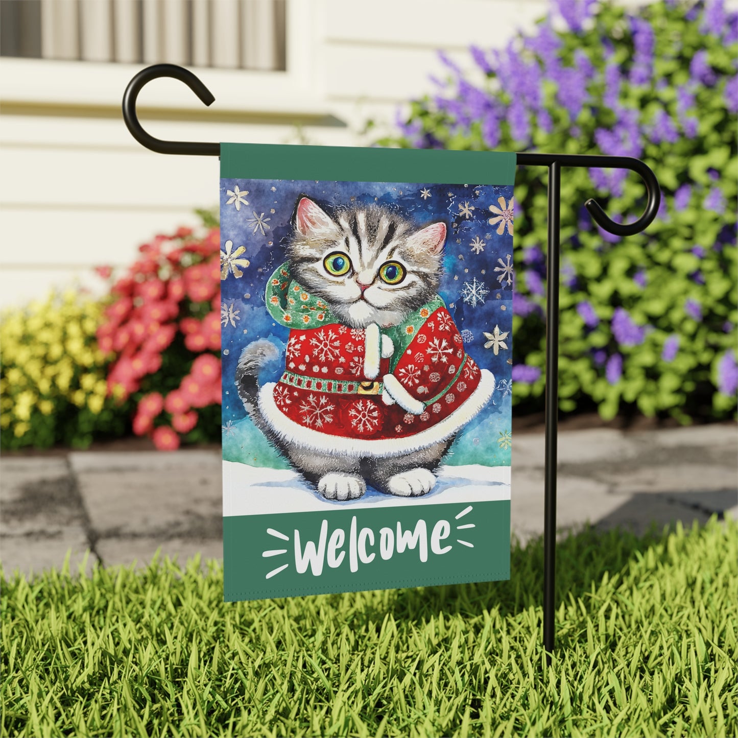 Welcome Whiskers Christmas Cat 2-Sided Garden & House Flag/Banner