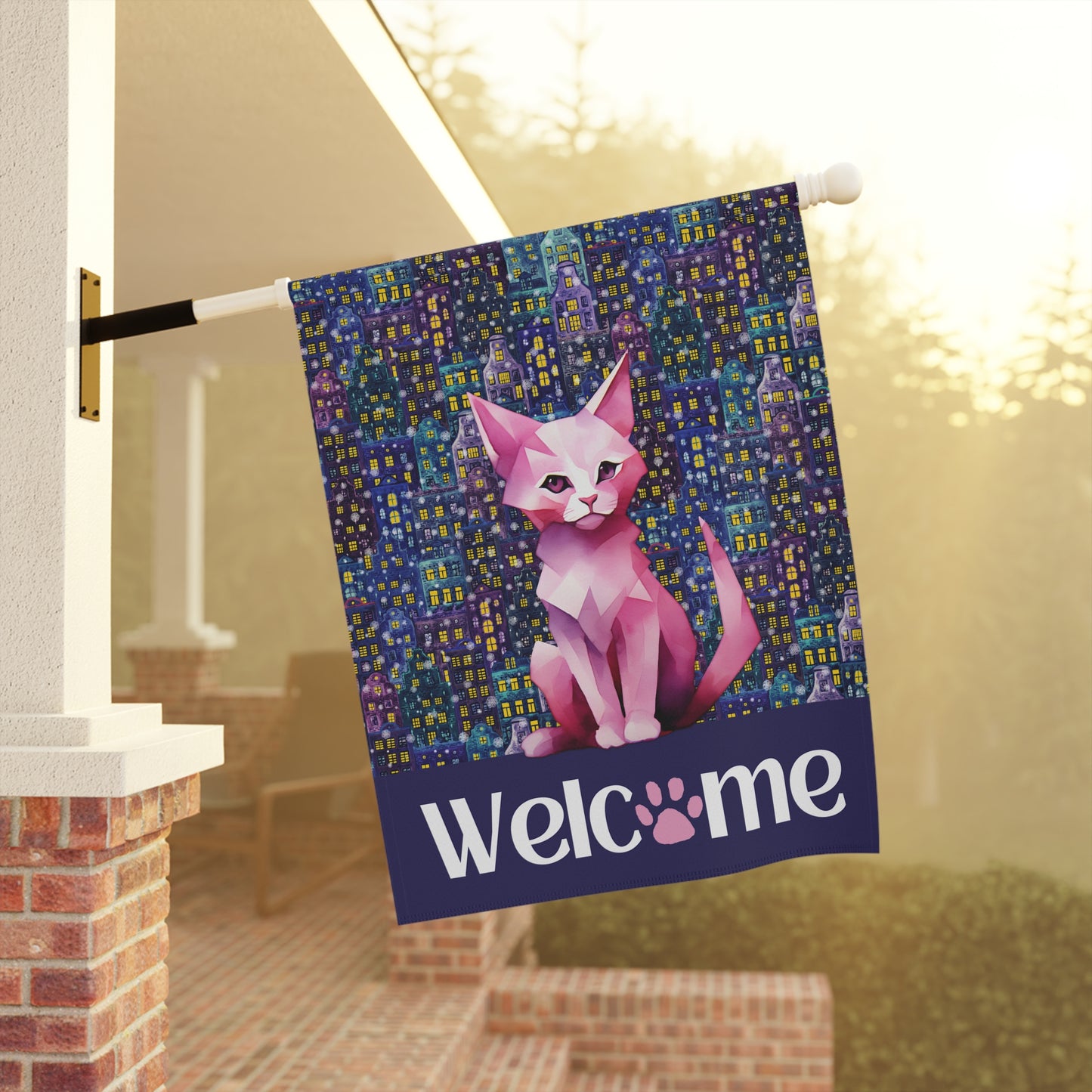 Pink City Cat Welcome 2-Sided Garden & House Flag/Banner