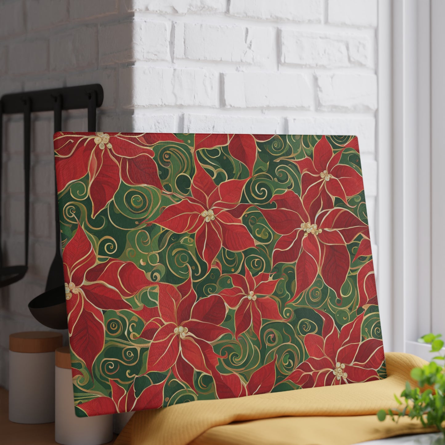 Poinsettias Swirl Tempered Glass Cutting Board