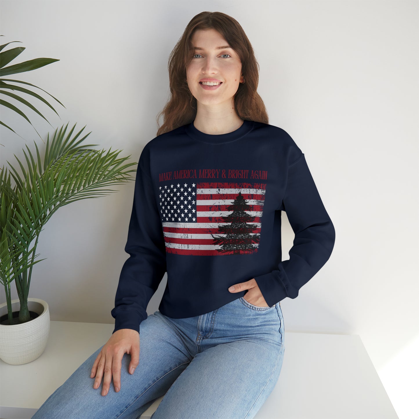 American Flag Make America Merry & Bright Again Unisex Heavy Blend™ Crewneck Sweatshirt