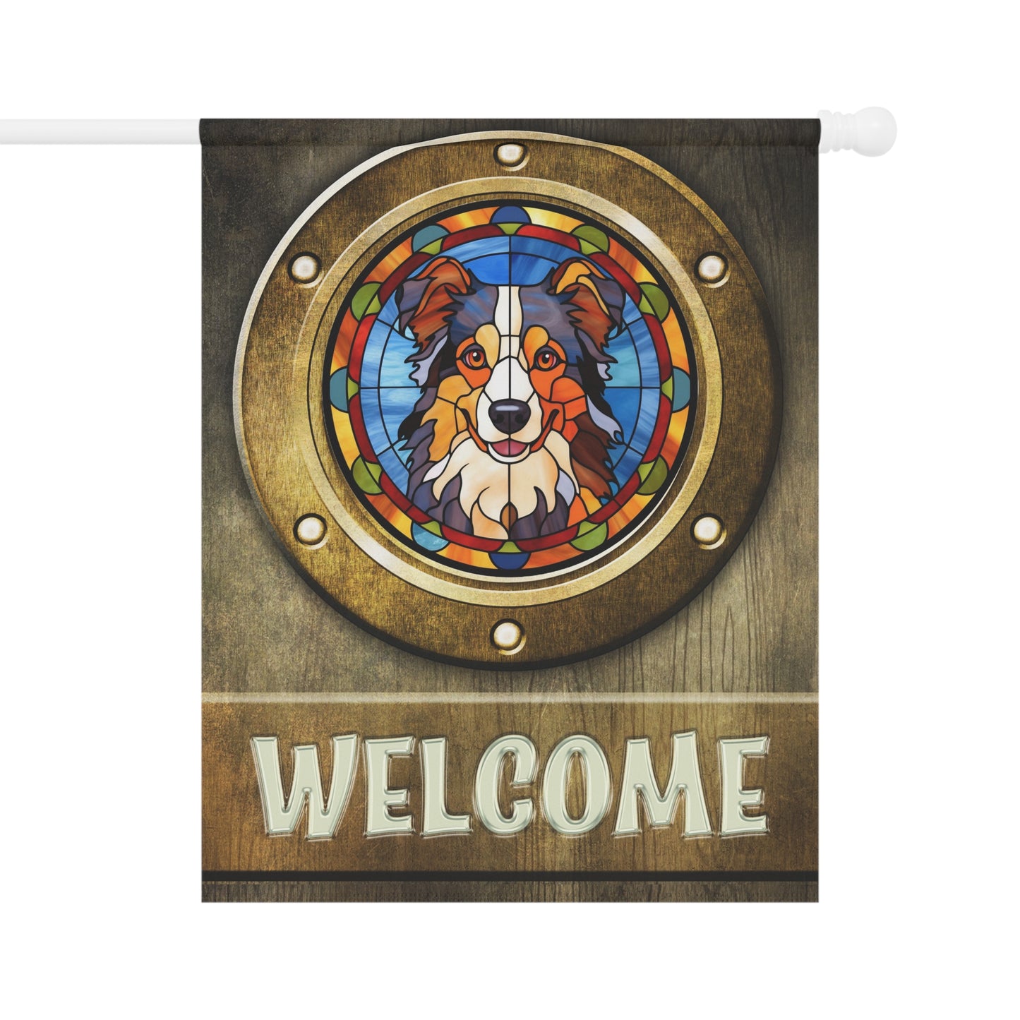 Australian Shepherd in Port Hole Welcome 2-Sided Garden & House Flag/Banner