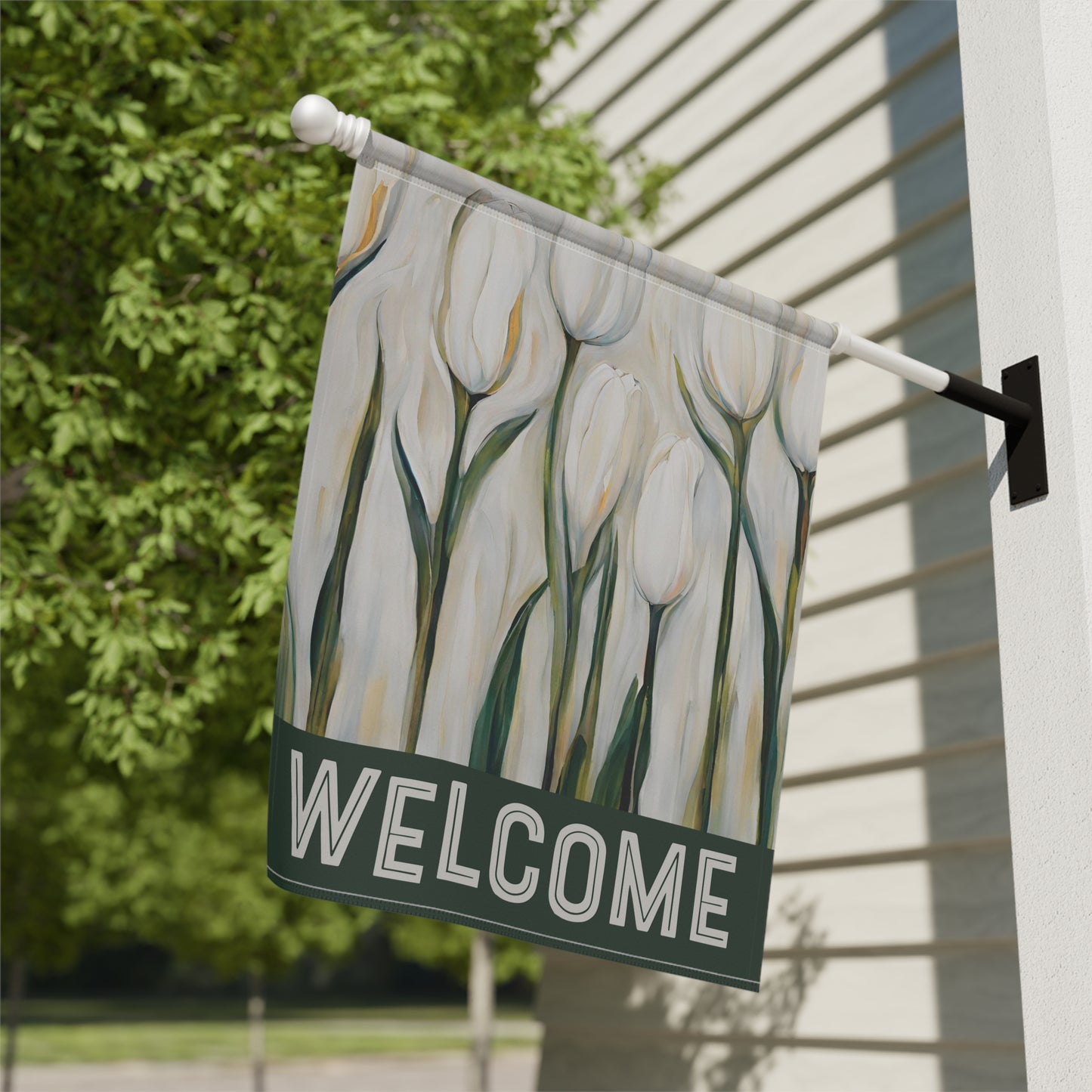 White Tulips Welcome 2-Sided Garden & House Flag/Banner