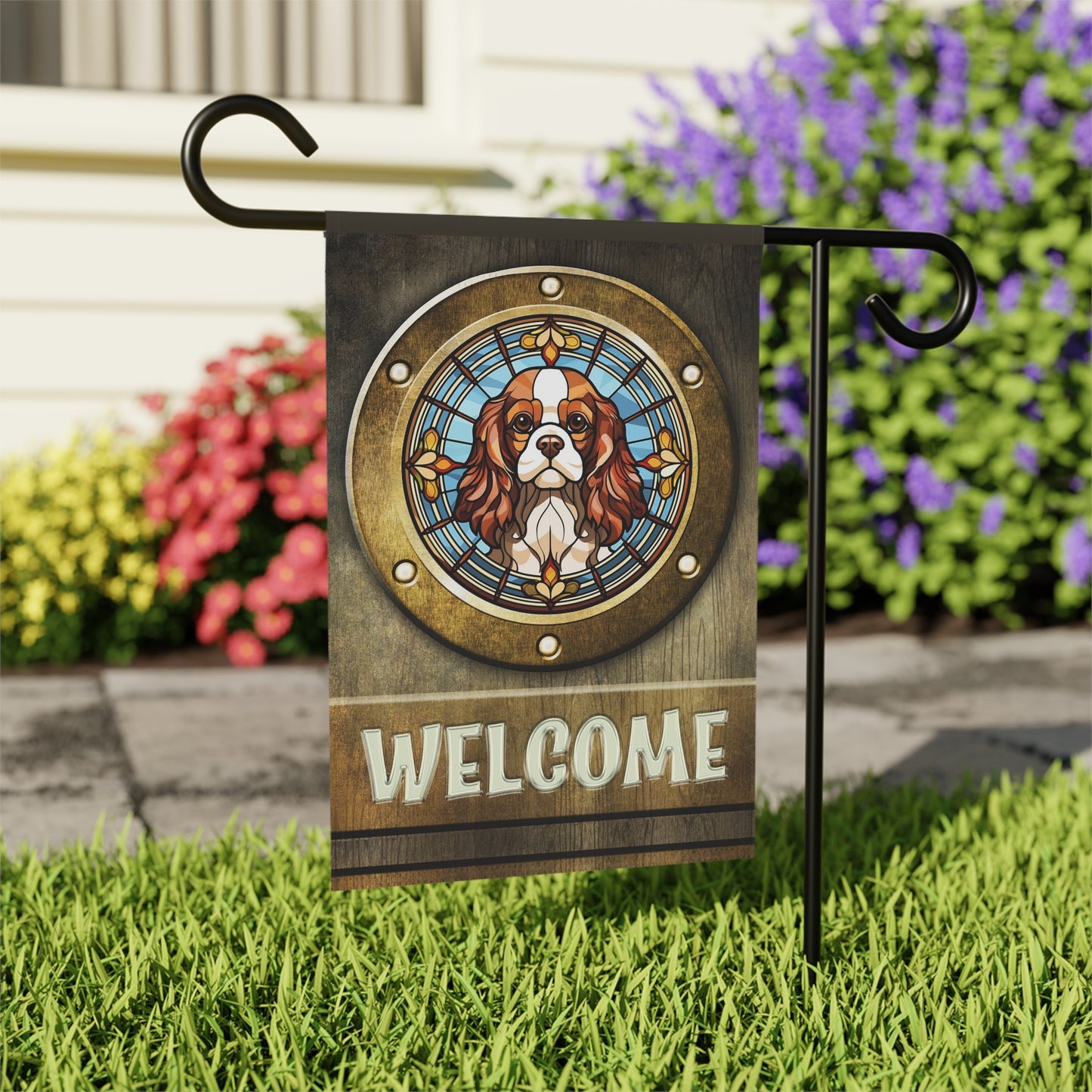 Cavalier King Charles in Port Hole Welcome 2-Sided Garden & House Flag/Banner