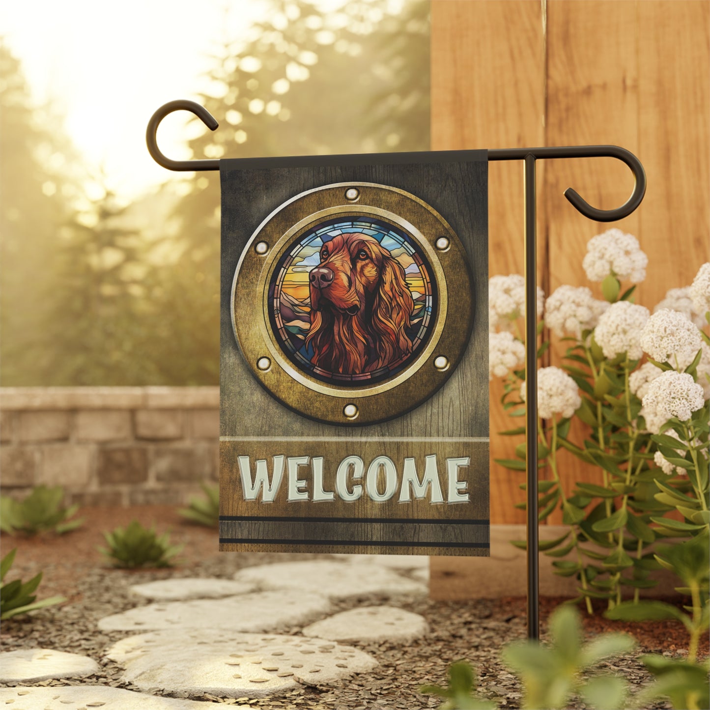 Irish Setter in Port Hole Welcome 2-Sided Garden & House Flag/Banner