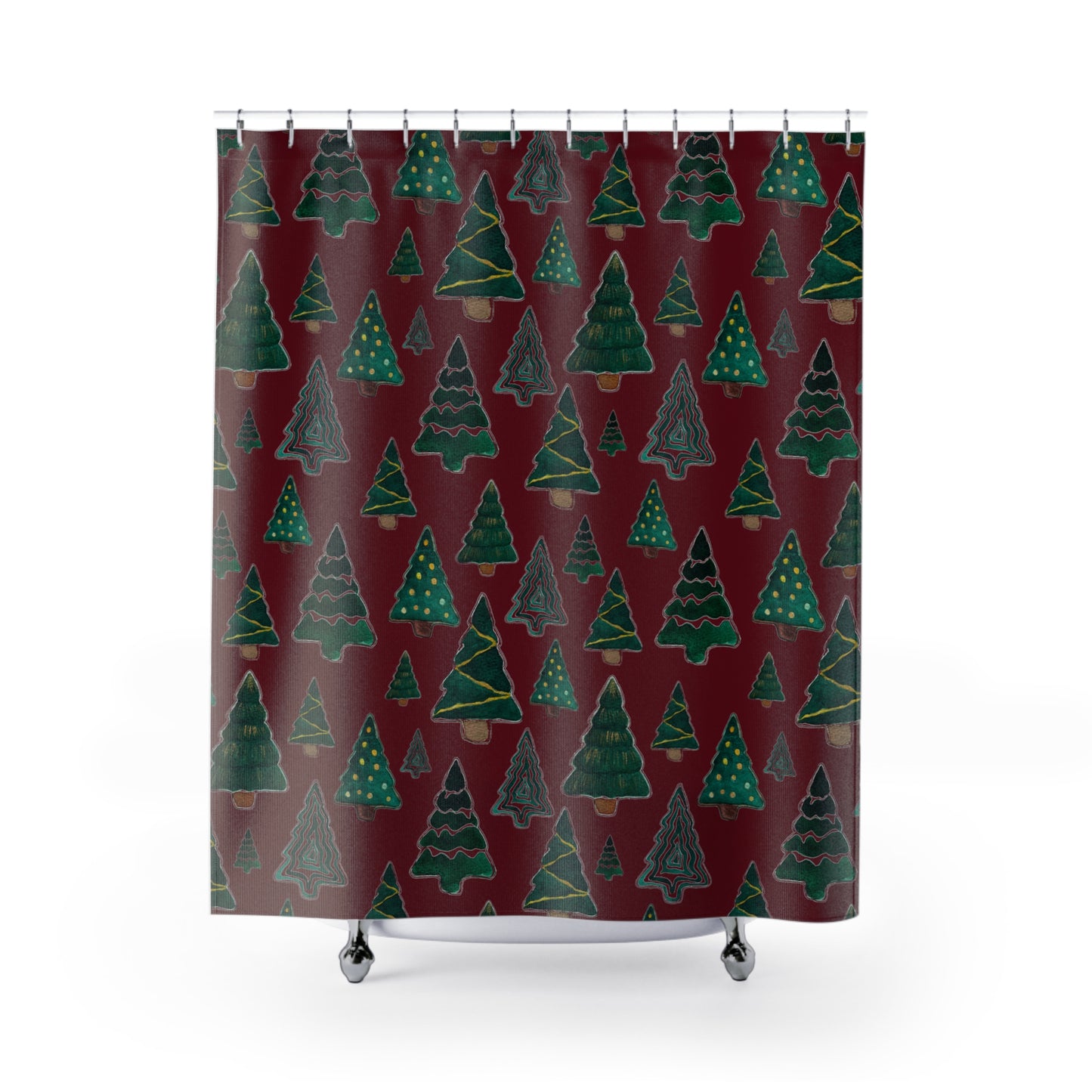 Cute Pines on Maroon Polyester Shower Curtain