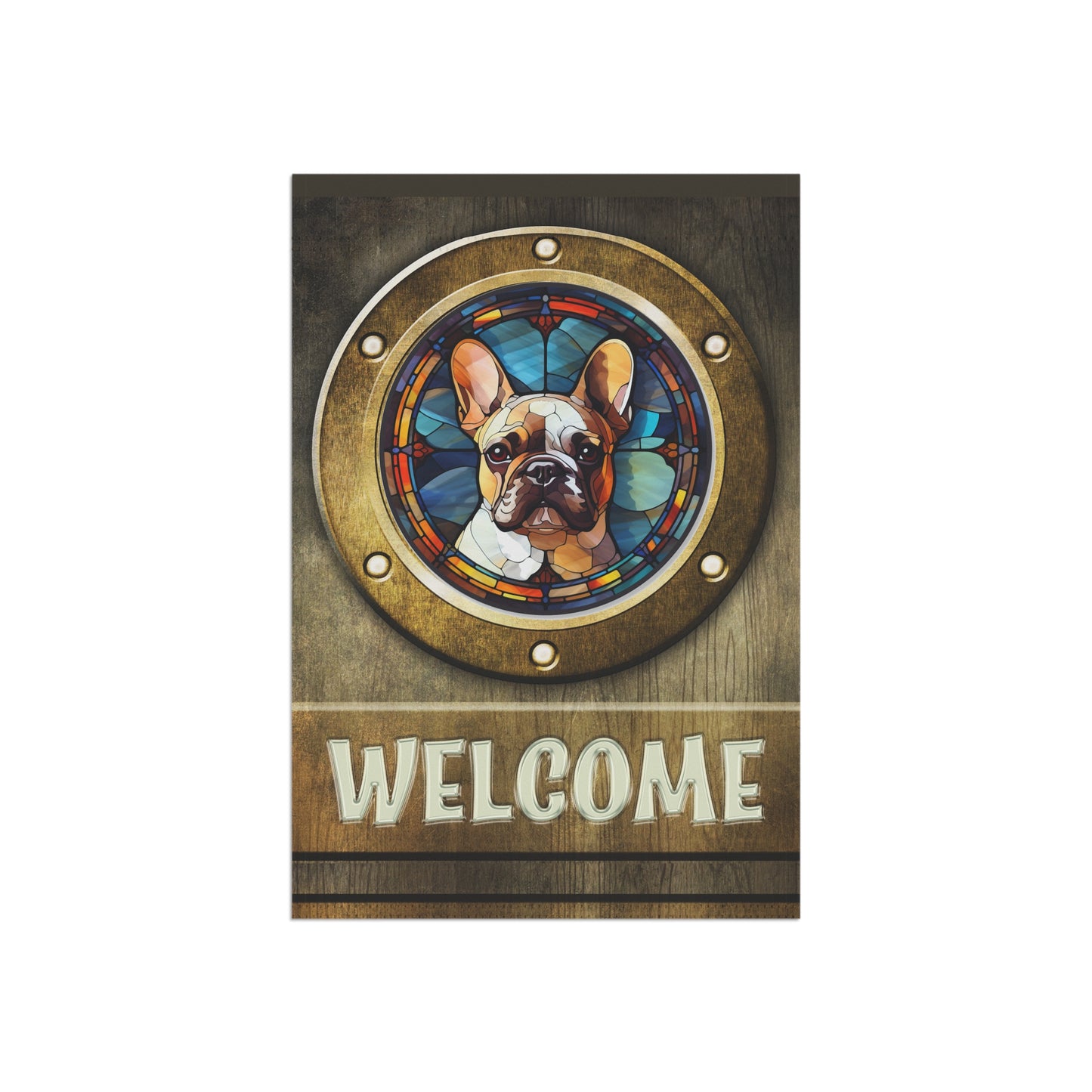 French Bulldog in Port Hole Welcome 2-Sided Garden & House Flag/Banner