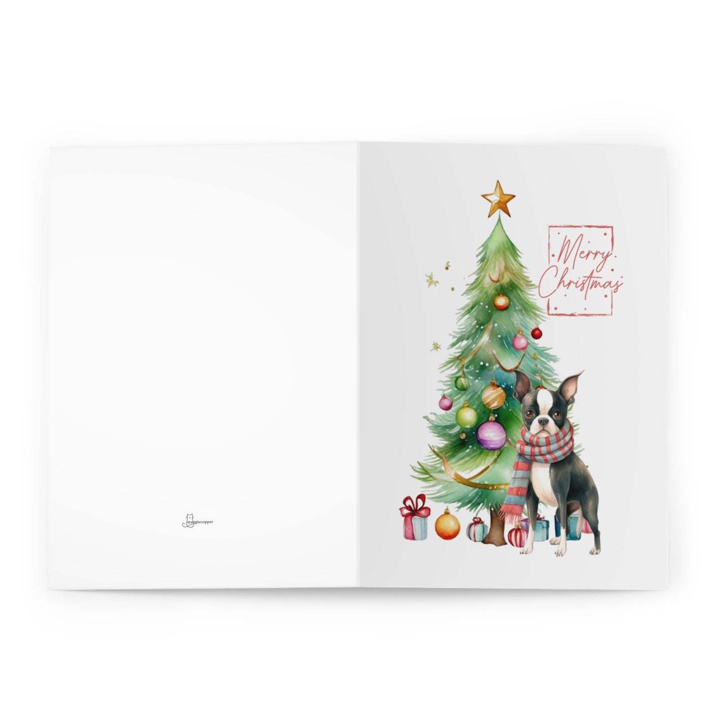 Boston Terrier Merry Christmas Tree Cards (5 Pack Blank Inside)