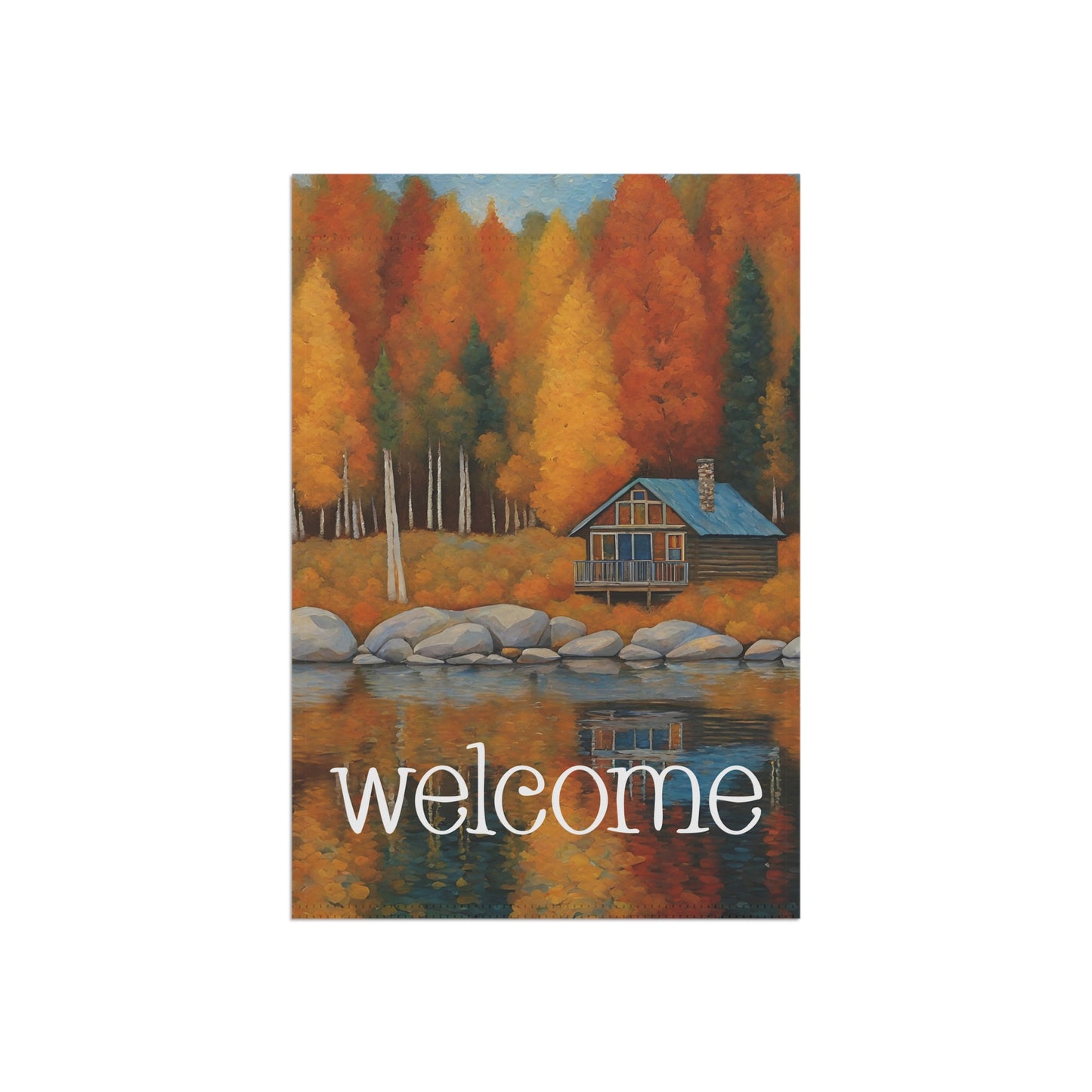 Lakeside Cabin in Fall Welcome 2-Sided Garden & House Flag/Banner