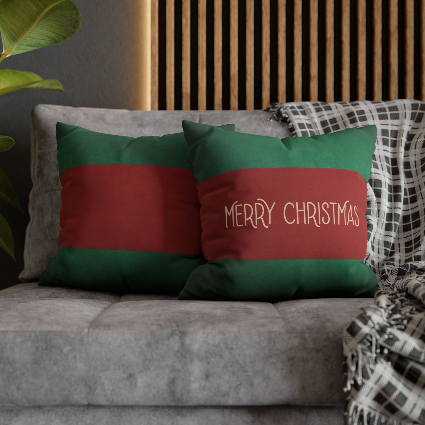 Merry Christmas Red & Green Square Poly Canvas Pillowcase