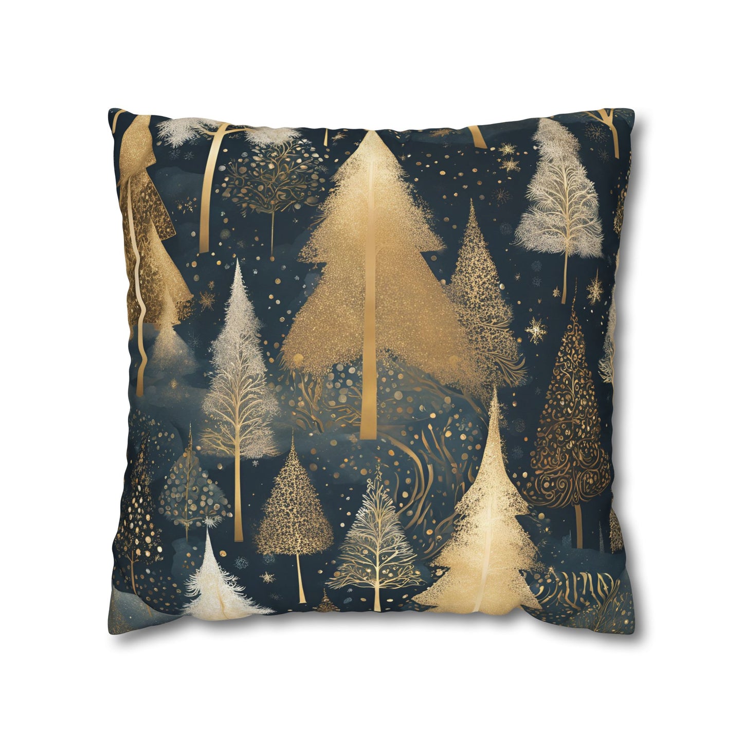 Golden Evergreens on Navy Square Poly Canvas Pillowcase