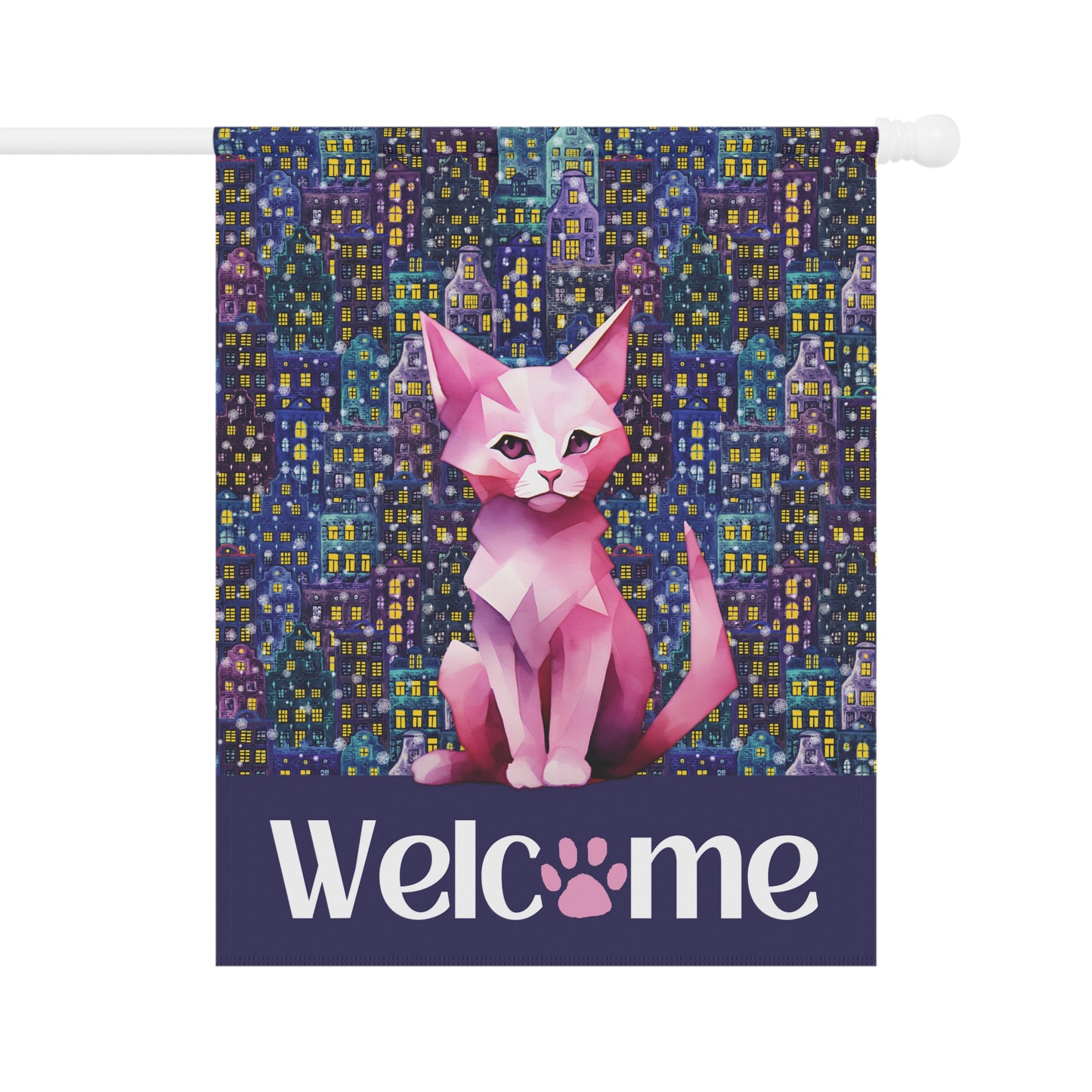 Pink City Cat Welcome 2-Sided Garden & House Flag/Banner