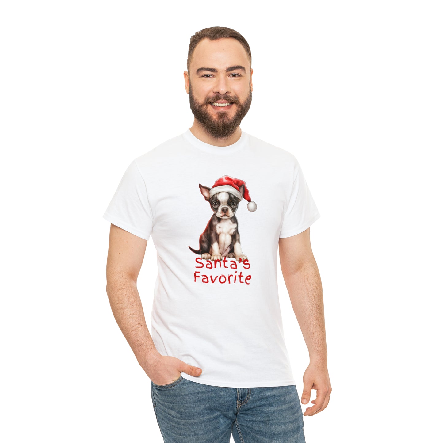 Santa's Favorite Boston Terrier Pup Unisex Heavy Cotton Tee