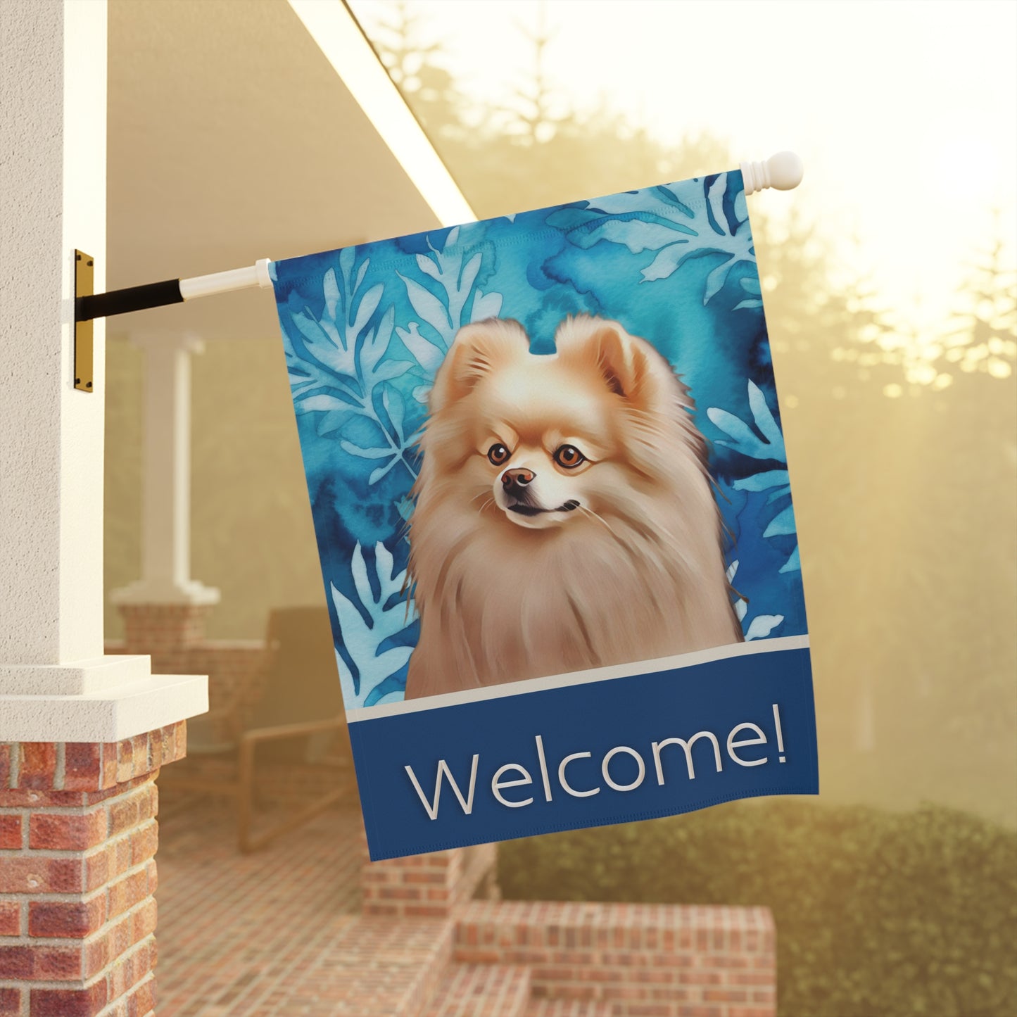 Pomeranian Welcome Blue 2-Sided Garden & House Flag/Banner