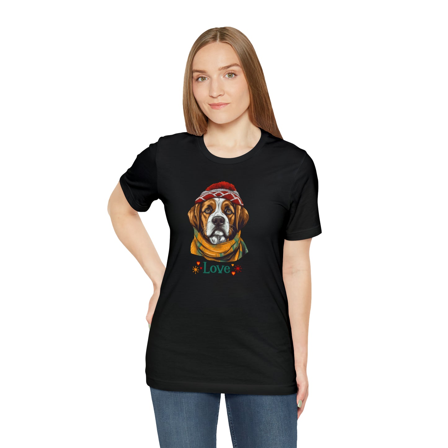 Saint Bernard in Hat & Scarf Love Unisex Jersey Short Sleeve Tee