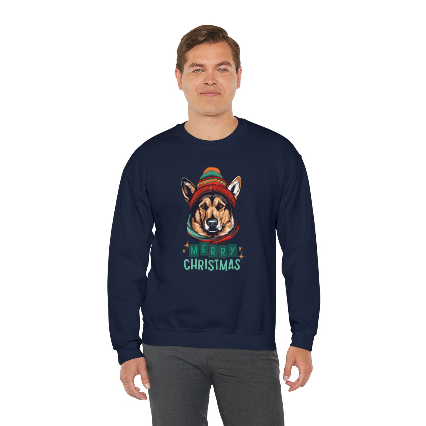 German Shepherd In Hat & Scarf Merry Christmas Unisex Heavy Blend™ Crewneck Sweatshirt