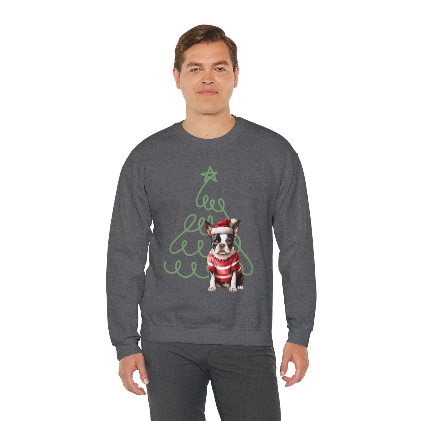 Boston Terrier in Santa Hat & Sweater Unisex Heavy Blend™ Crewneck Sweatshirt