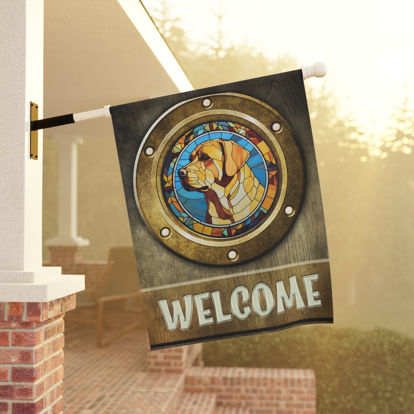 Yellow Labrador in Port Hole Welcome 2-Sided Garden & House Flag/Banner