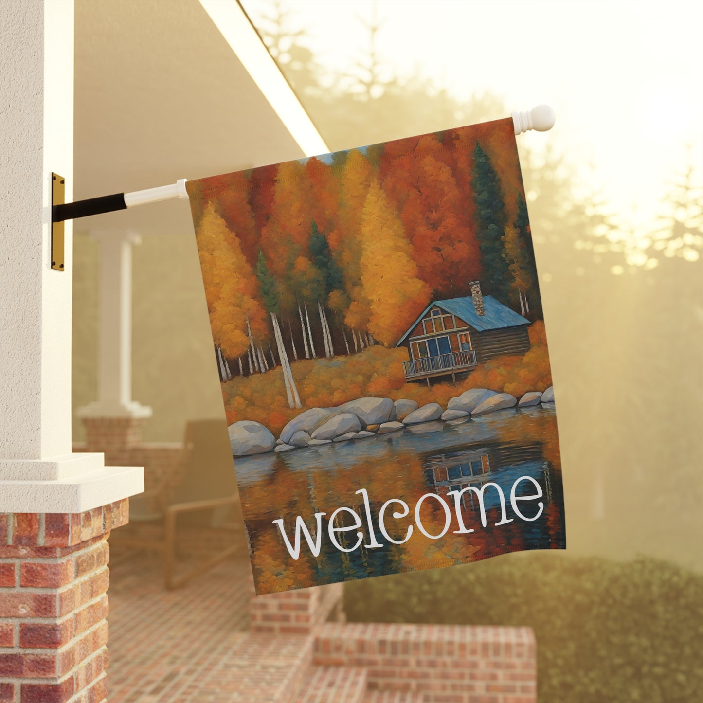 Lakeside Cabin in Fall Welcome 2-Sided Garden & House Flag/Banner