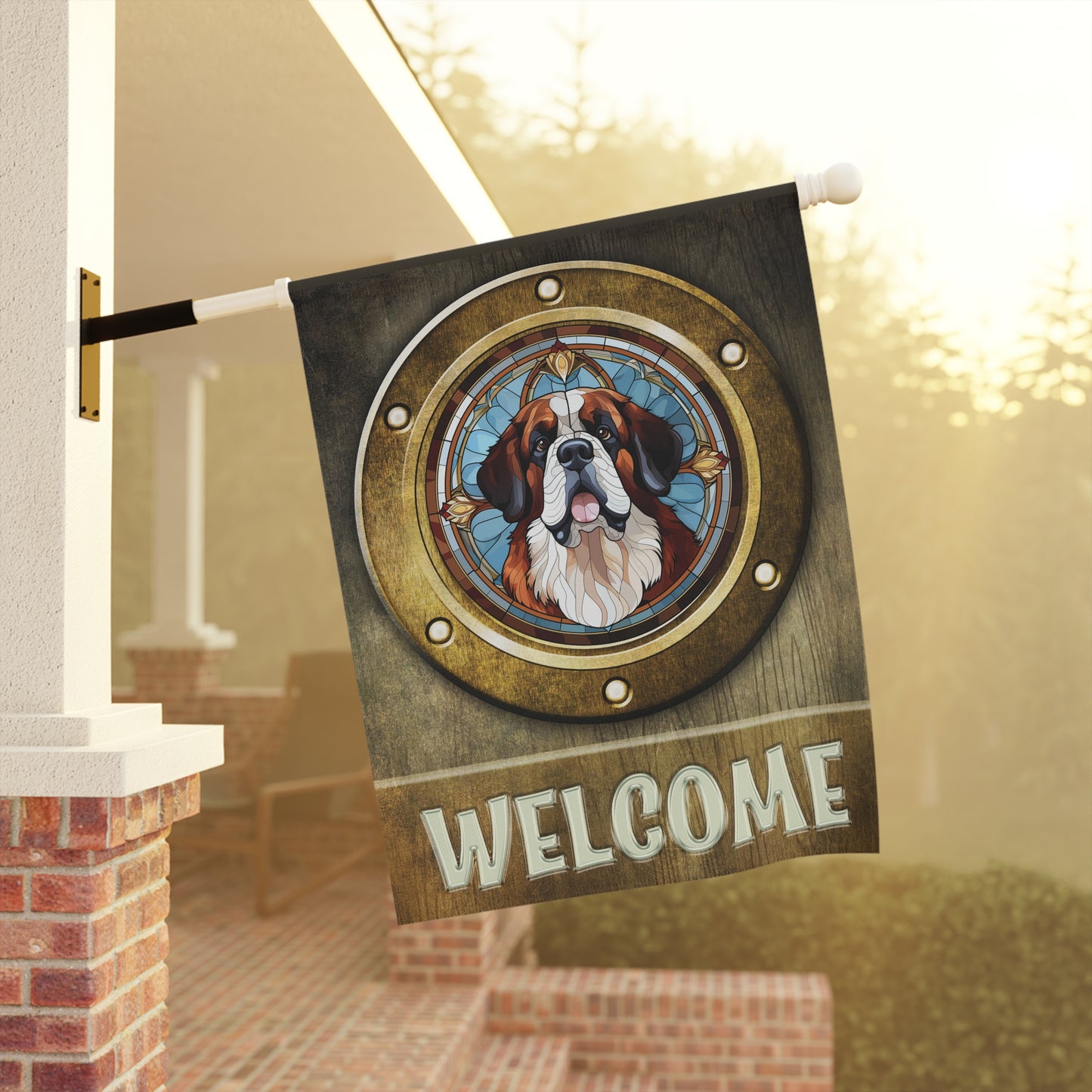 Saint Bernard in Port Hole Welcome 2- Sided Garden & House Flag/Banner