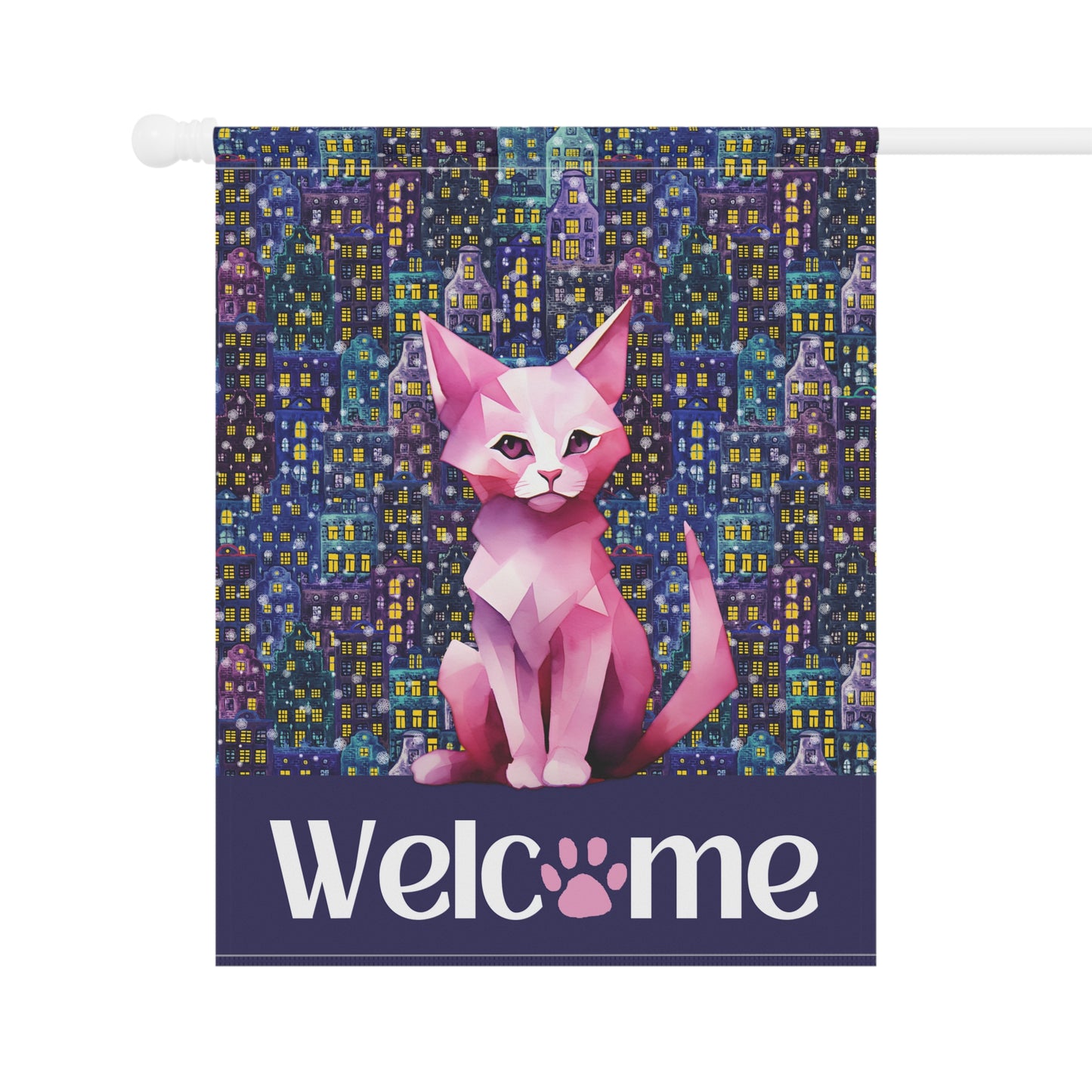 Pink City Cat Welcome 2-Sided Garden & House Flag/Banner