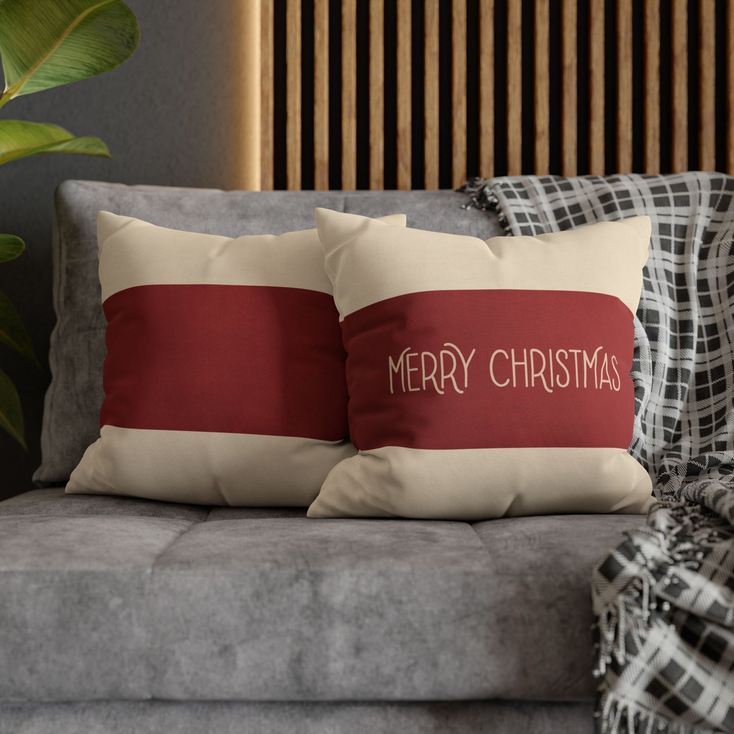 Merry Christmas Red & Cream Square Poly Canvas Pillowcase