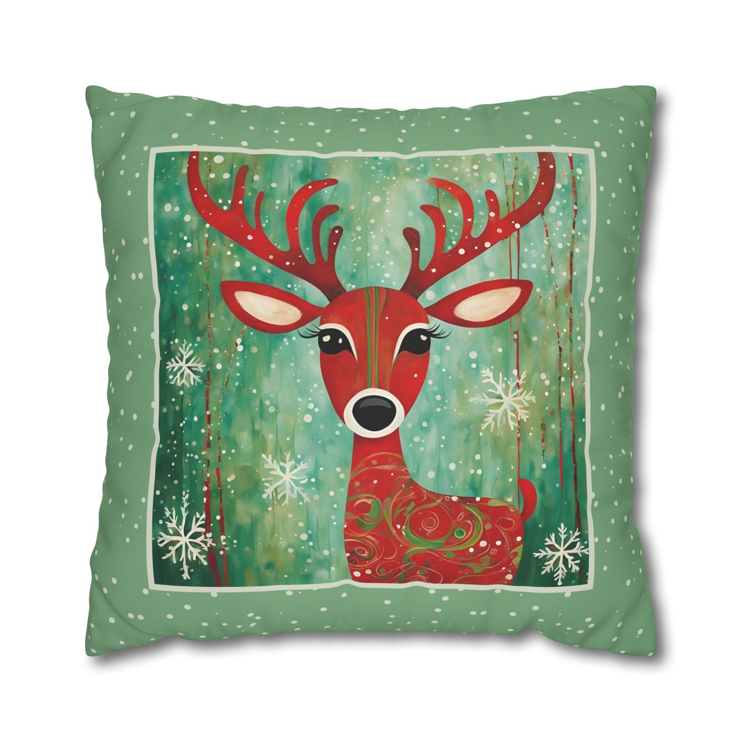 Red Reindeer Square Poly Canvas Pillowcase