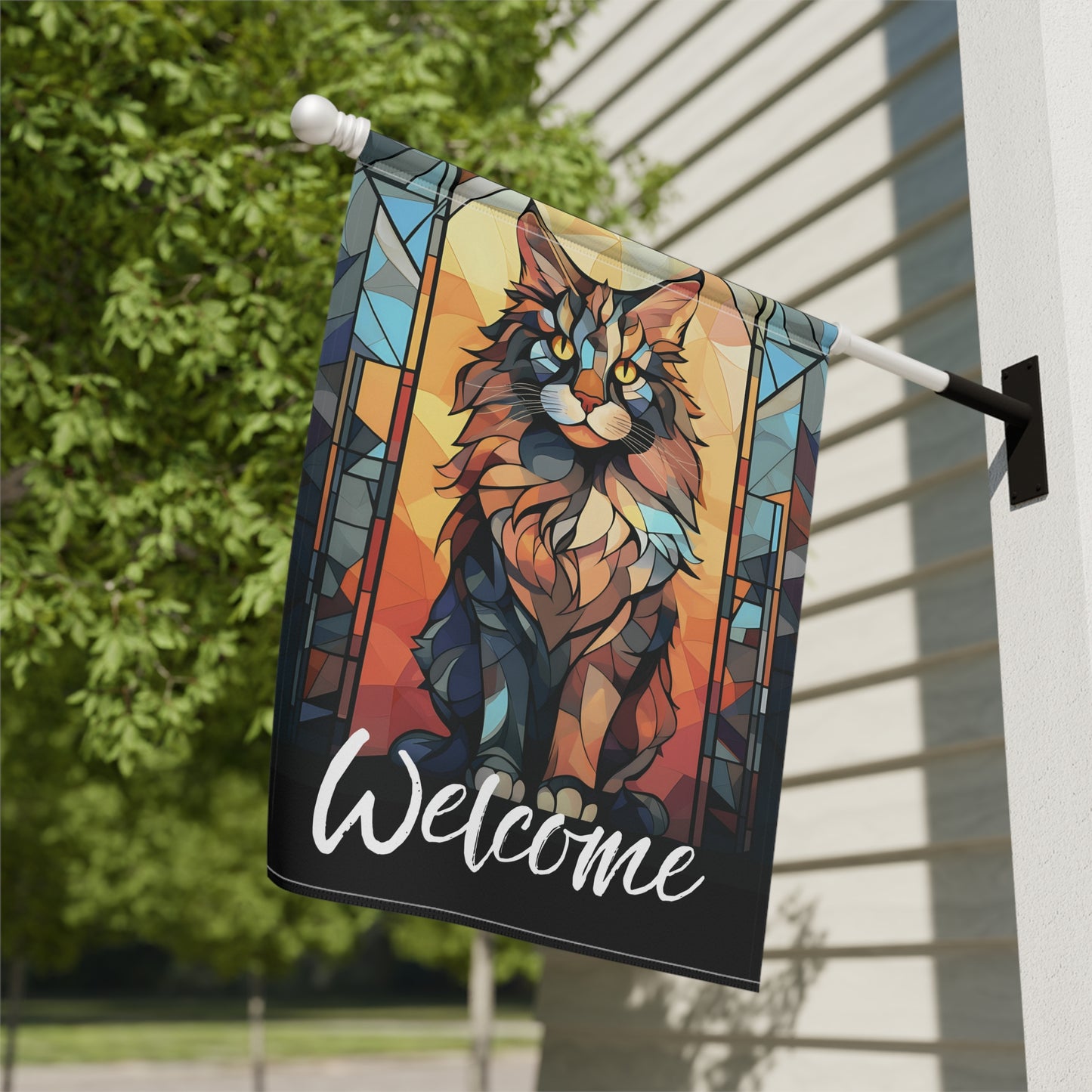 Maine Coon Cat Welcome Stained Glass Look 2-Sided Garden & House Flag/Banner